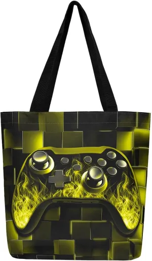 Gamer Canvas Tote Bag Neon Cubes Foldable Beach Bag,Geometry Block Gaming Casual Reusable Handbag