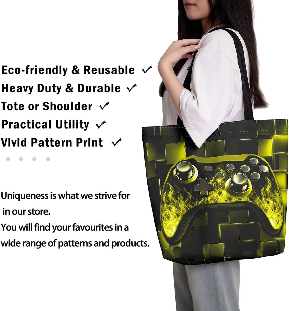 Gamer Canvas Tote Bag Neon Cubes Foldable Beach Bag,Geometry Block Gaming Casual Reusable Handbag