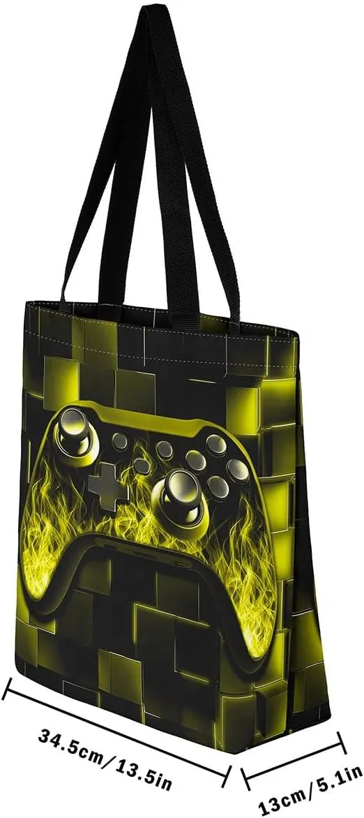 Gamer Canvas Tote Bag Neon Cubes Foldable Beach Bag,Geometry Block Gaming Casual Reusable Handbag
