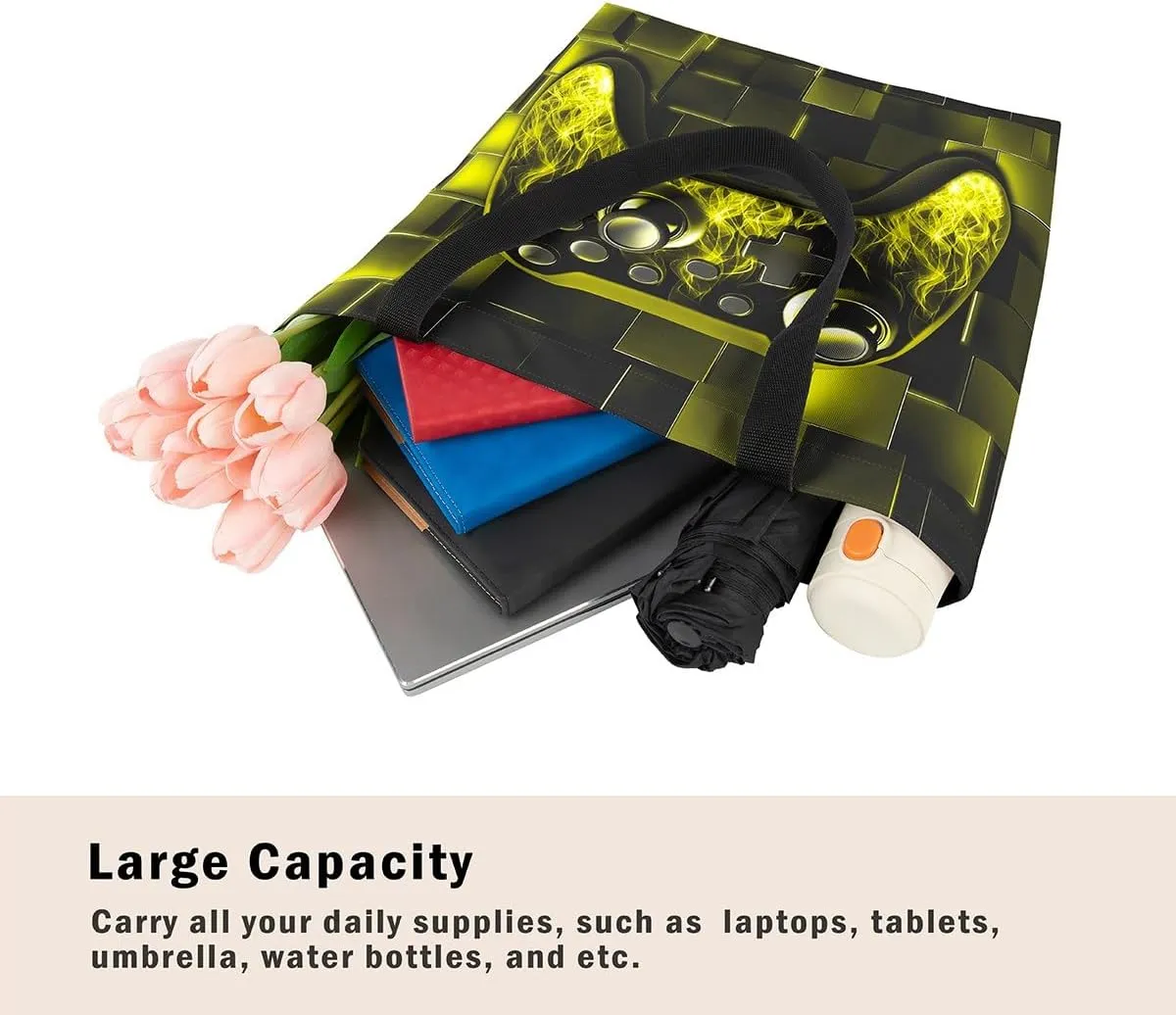 Gamer Canvas Tote Bag Neon Cubes Foldable Beach Bag,Geometry Block Gaming Casual Reusable Handbag