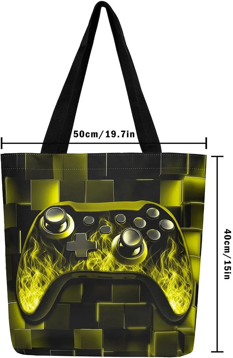 Gamer Canvas Tote Bag Neon Cubes Foldable Beach Bag,Geometry Block Gaming Casual Reusable Handbag