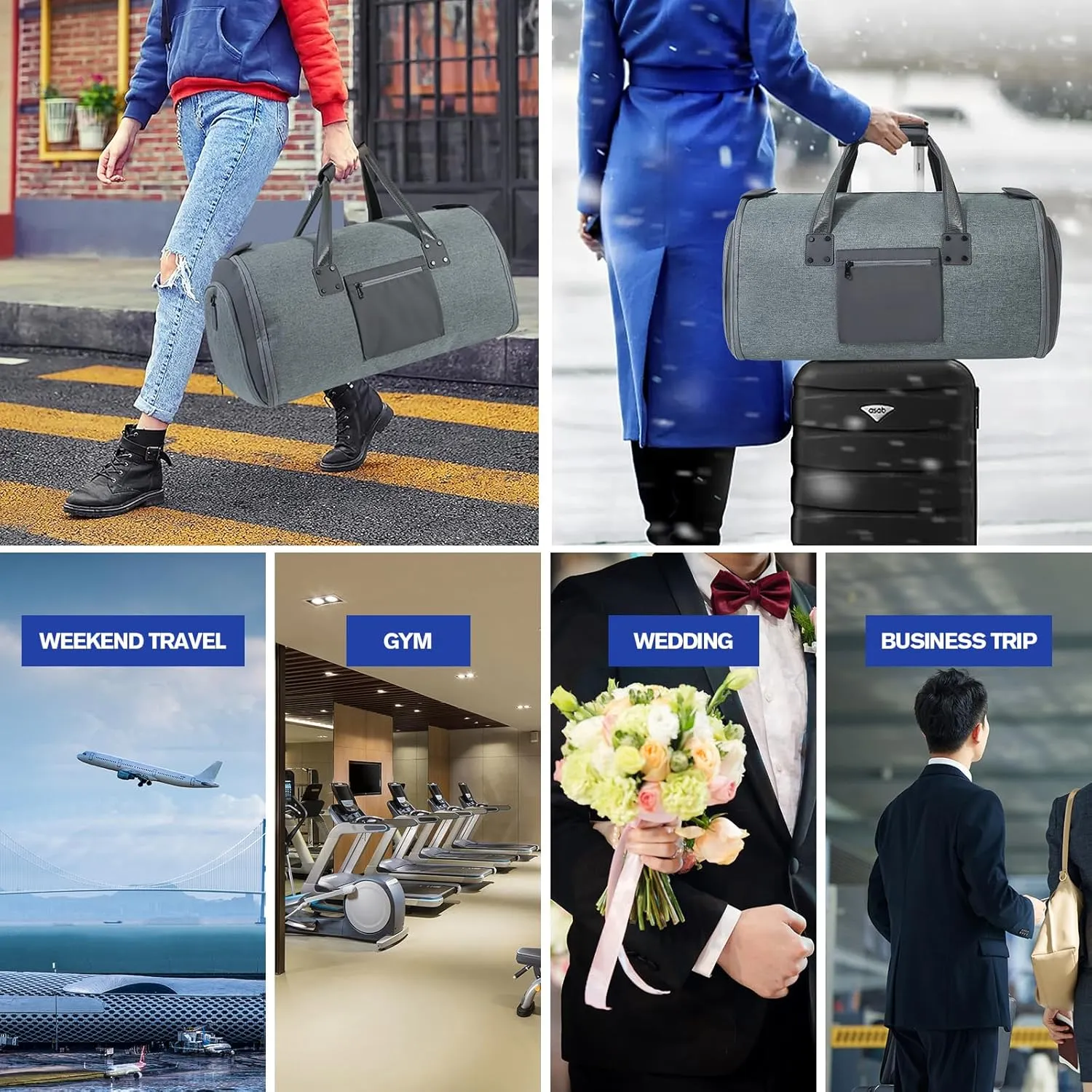Garment Bags for Travel - Brand Zipper - Water Repellent Garment Bag with Shoe Compartment - 2 in 1 Convertible Suit Bag Travel with Shoe Bags - Medium Dark Gray