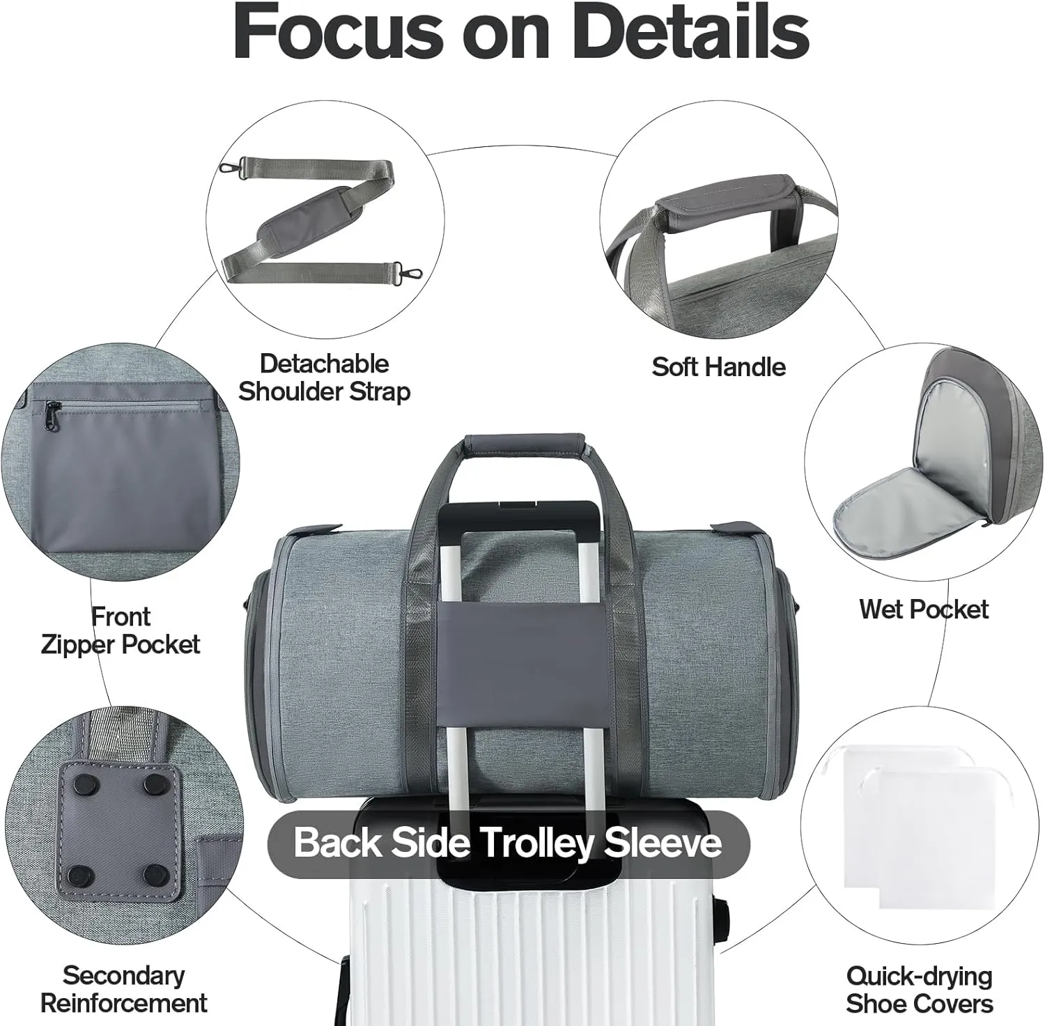 Garment Bags for Travel - Brand Zipper - Water Repellent Garment Bag with Shoe Compartment - 2 in 1 Convertible Suit Bag Travel with Shoe Bags - Medium Dark Gray