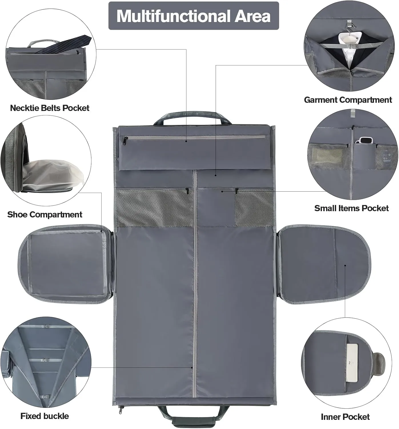 Garment Bags for Travel - Brand Zipper - Water Repellent Garment Bag with Shoe Compartment - 2 in 1 Convertible Suit Bag Travel with Shoe Bags - Medium Dark Gray