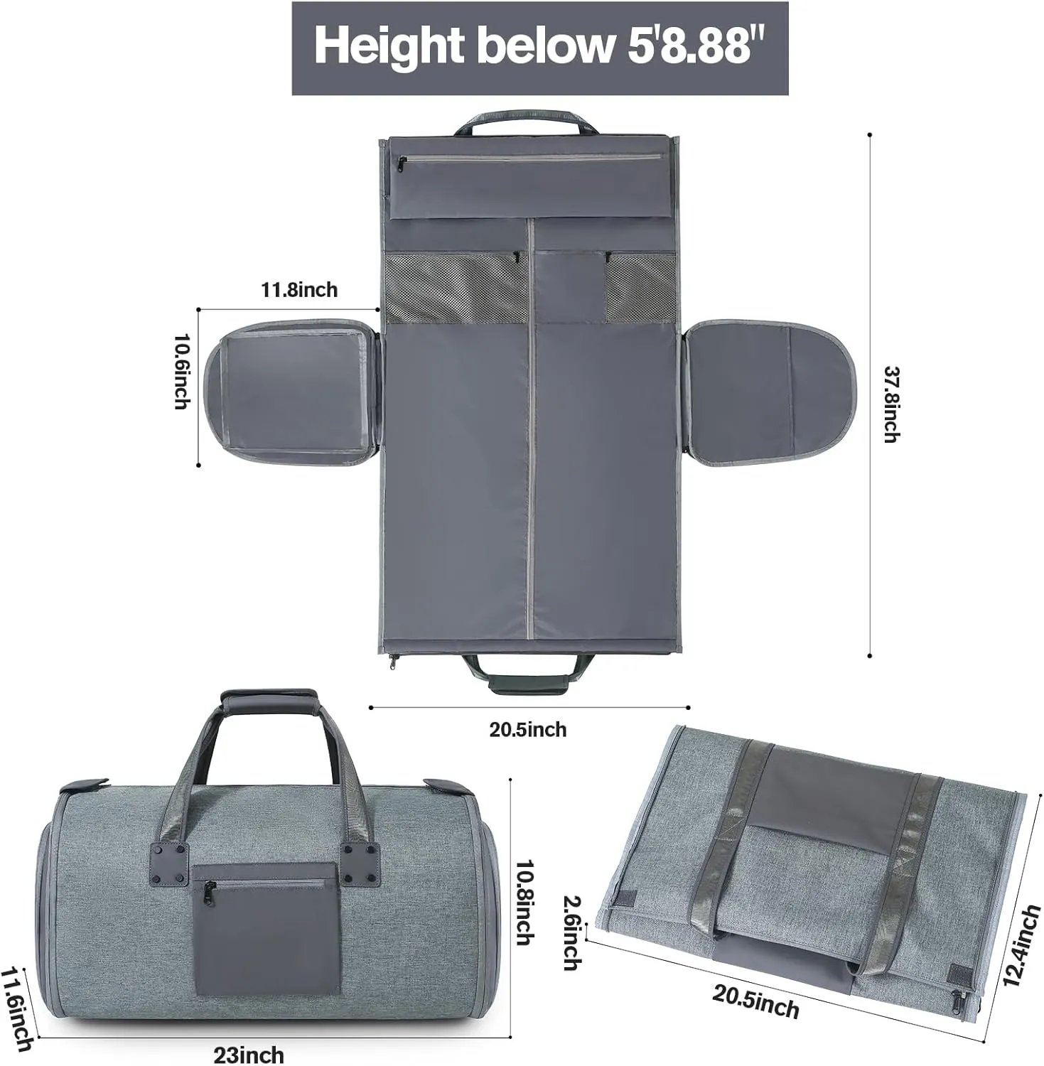 Garment Bags for Travel - Brand Zipper - Water Repellent Garment Bag with Shoe Compartment - 2 in 1 Convertible Suit Bag Travel with Shoe Bags - Medium Dark Gray
