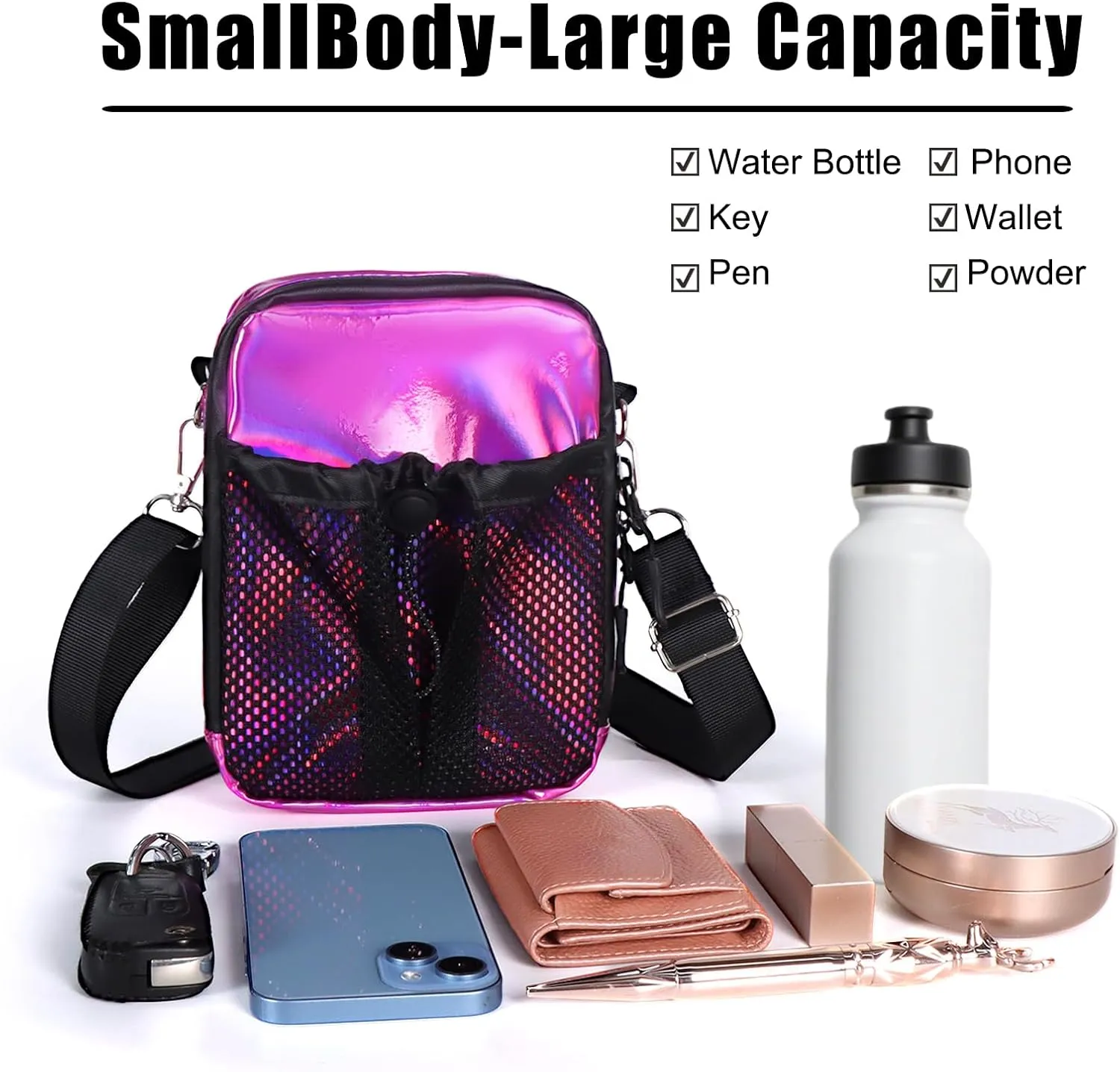 Geestock Small Crossbody Bag for Women Trendy, Holographic Mini Messenger Bag Shoulder Phone Purse with Water Bottle Pocket
