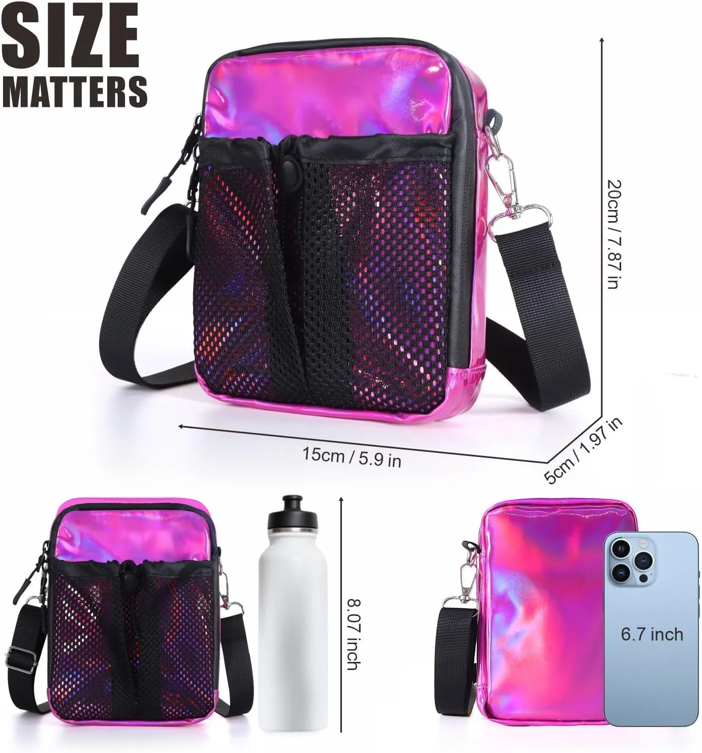 Geestock Small Crossbody Bag for Women Trendy, Holographic Mini Messenger Bag Shoulder Phone Purse with Water Bottle Pocket