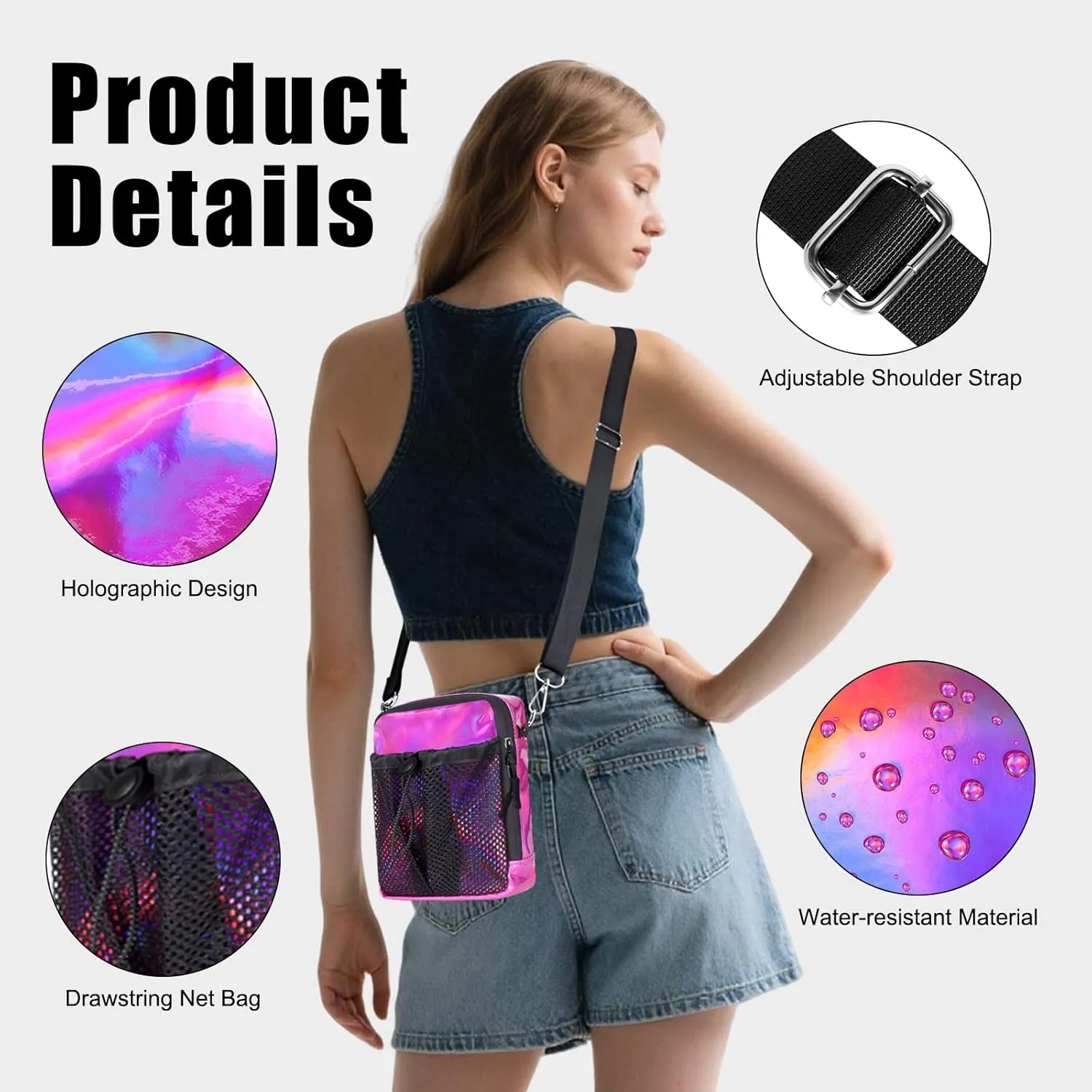 Geestock Small Crossbody Bag for Women Trendy, Holographic Mini Messenger Bag Shoulder Phone Purse with Water Bottle Pocket