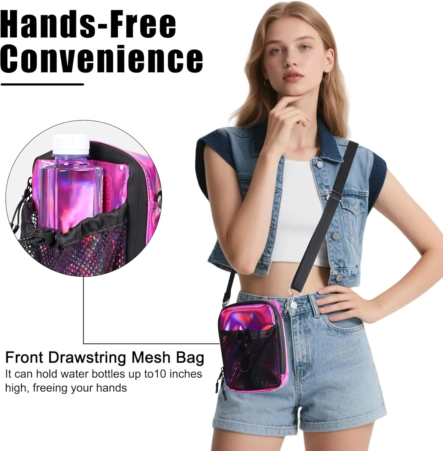 Geestock Small Crossbody Bag for Women Trendy, Holographic Mini Messenger Bag Shoulder Phone Purse with Water Bottle Pocket
