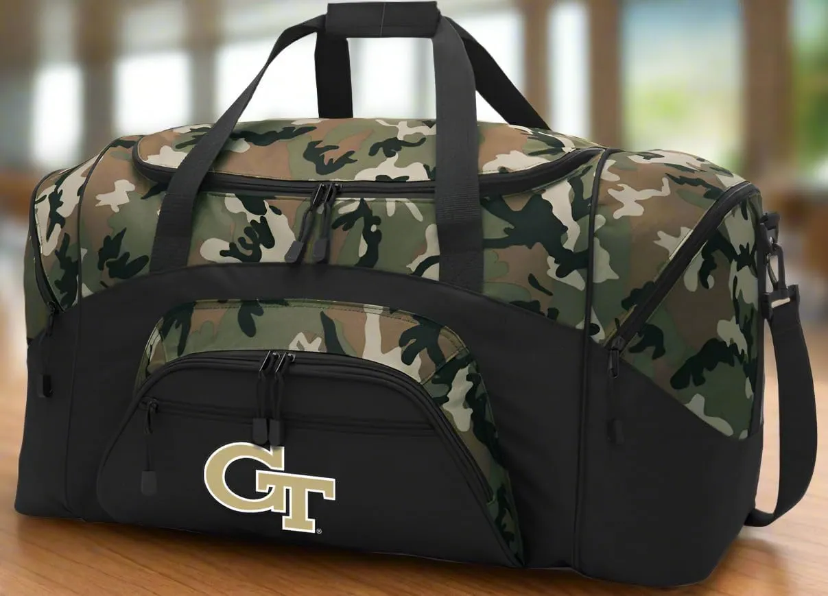 Georgia Tech Duffel Bag LARGE GT Yellow Jackets Suitcase for Travel or Gym Sports Gear Bag (Camo)