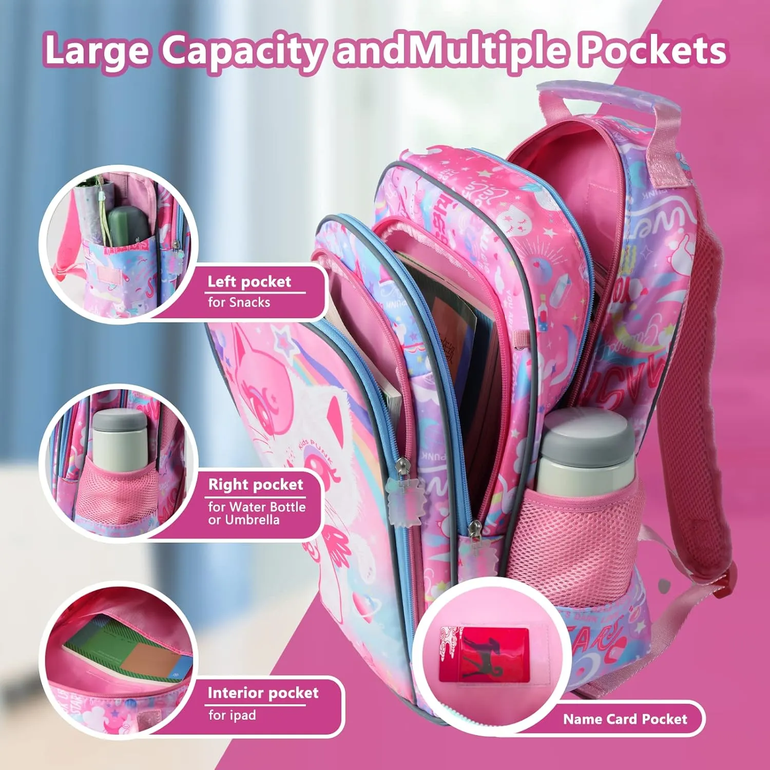 Girls Backpack 16 Inch Kids Backpacks for Girls Cute Cat Backpack for Girls Kawaii Light Pink Backpack for Preschool Kindergarten Elementary Large Capacity