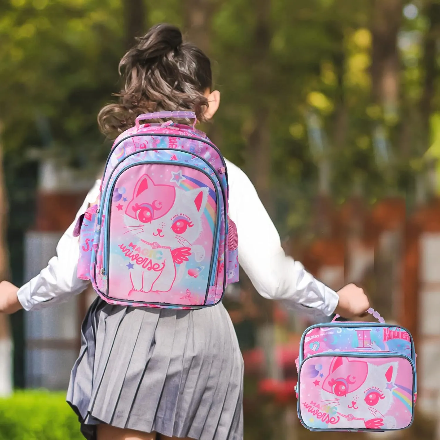 Girls Backpack 16 Inch Kids Backpacks for Girls Cute Cat Backpack for Girls Kawaii Light Pink Backpack for Preschool Kindergarten Elementary Large Capacity