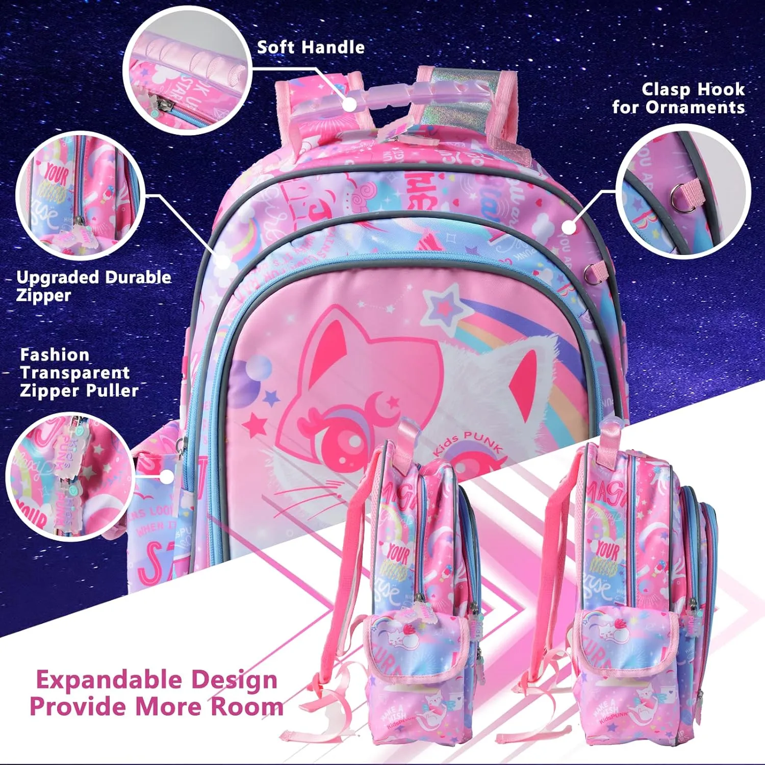 Girls Backpack 16 Inch Kids Backpacks for Girls Cute Cat Backpack for Girls Kawaii Light Pink Backpack for Preschool Kindergarten Elementary Large Capacity