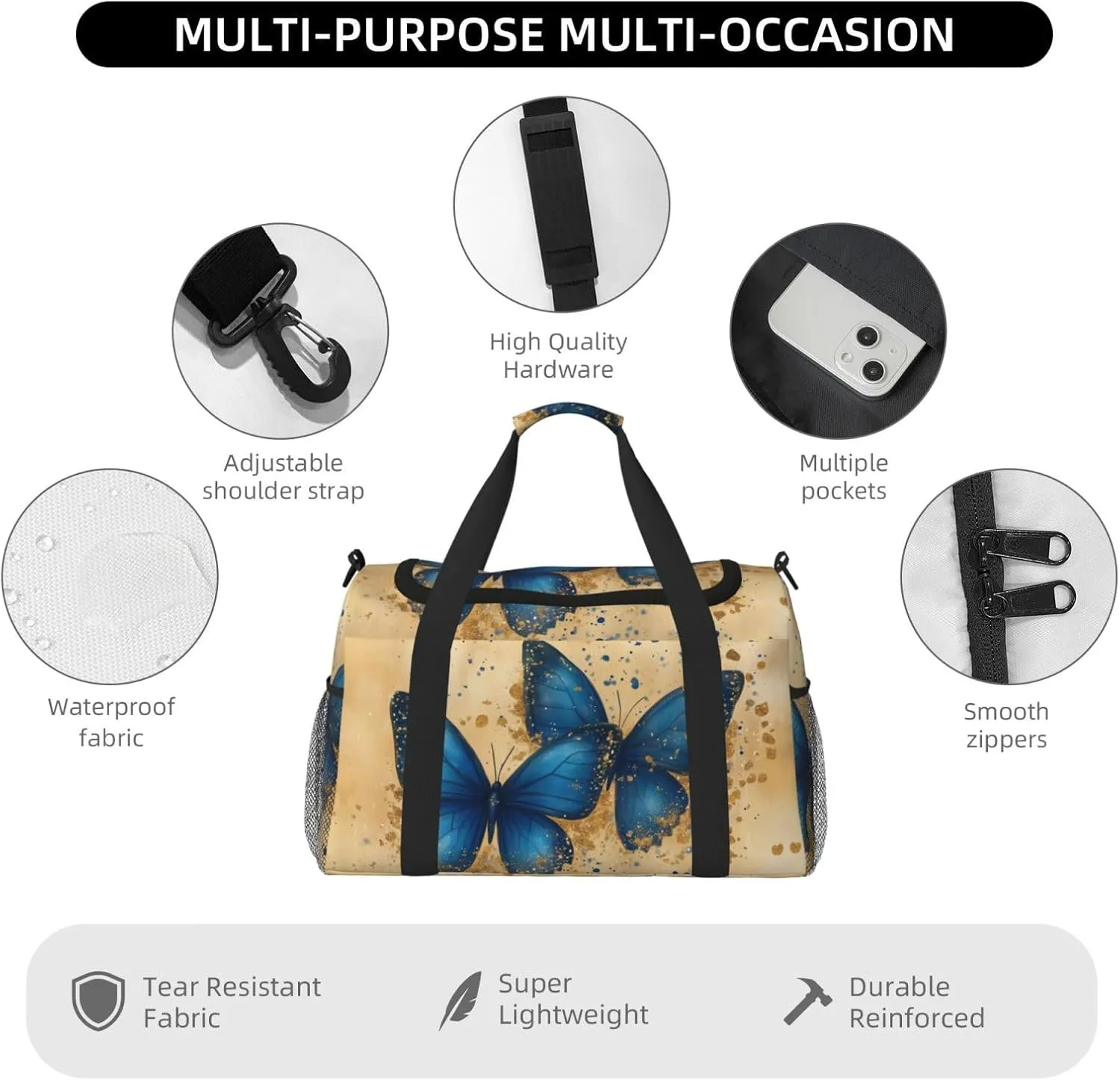 Golden Butterfly Duffle Bag Foldable Travel Tote Bag Carry On Large Weekender Overnight Bags Waterproof Gym Bag For Women Men