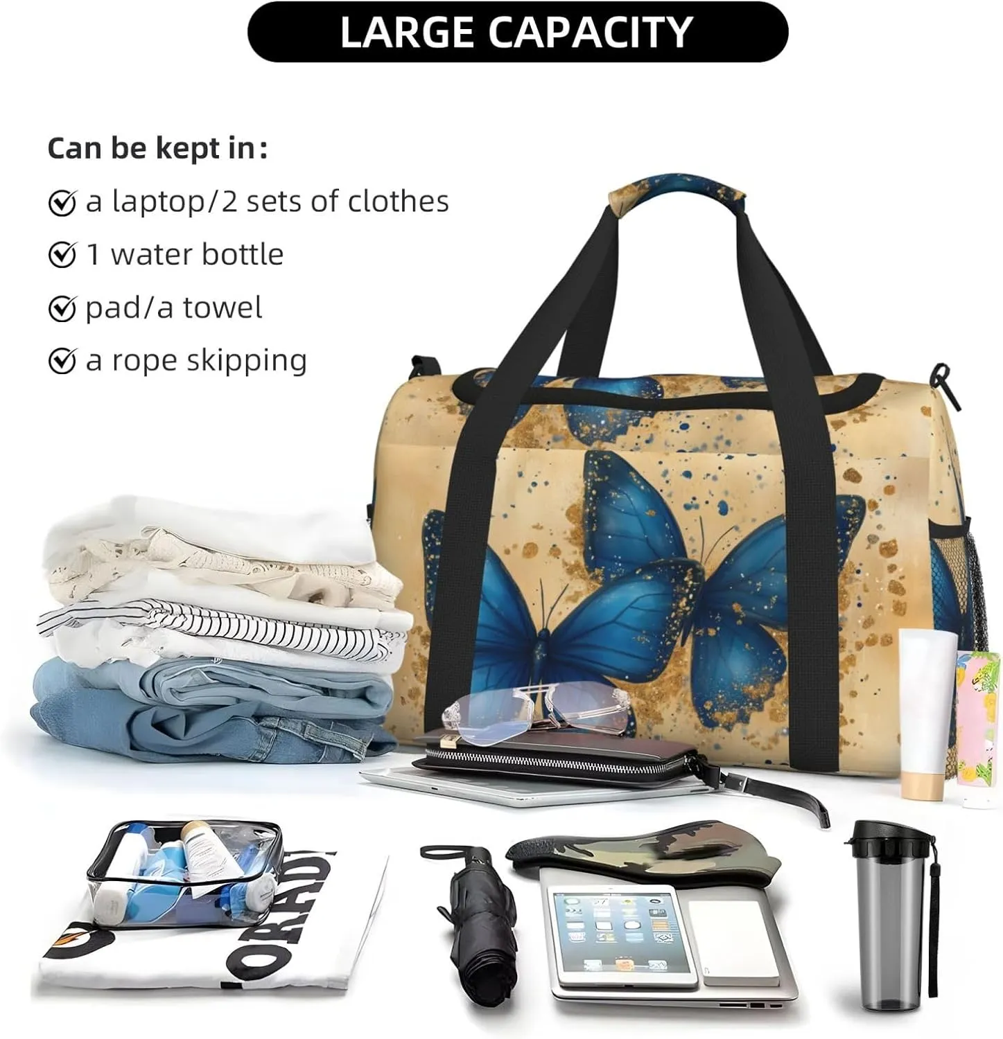 Golden Butterfly Duffle Bag Foldable Travel Tote Bag Carry On Large Weekender Overnight Bags Waterproof Gym Bag For Women Men