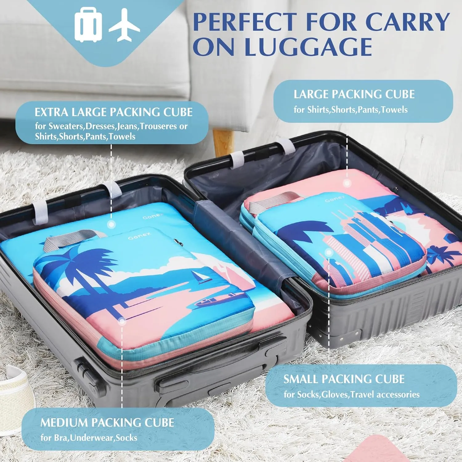 Gonex Compression Packing Cubes, 4pcs Expandable Storage Travel Luggage Bags Organizers, Travel Cubes for Suitcase Carry On (Coconut Palm)
