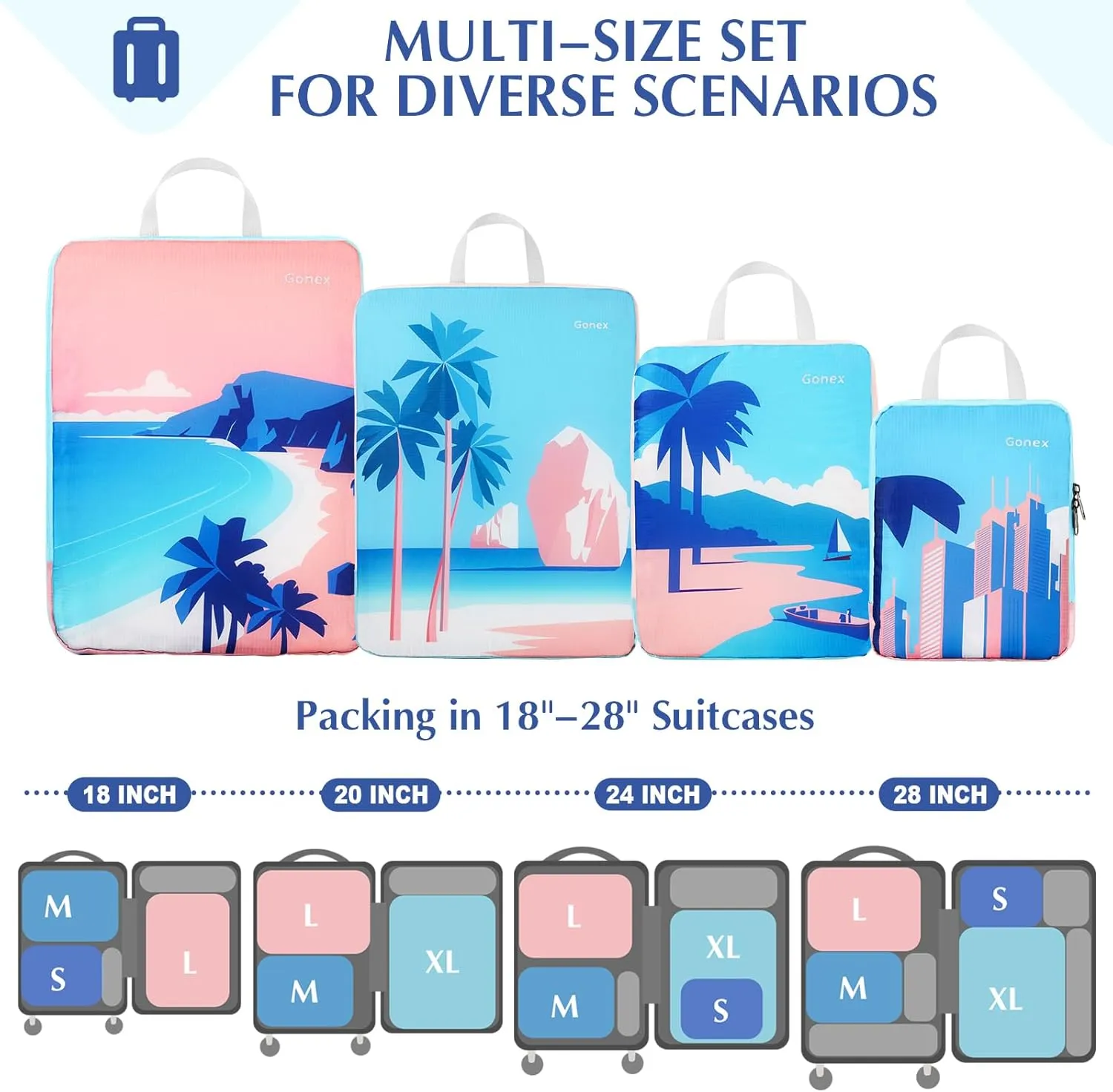 Gonex Compression Packing Cubes, 4pcs Expandable Storage Travel Luggage Bags Organizers, Travel Cubes for Suitcase Carry On (Coconut Palm)