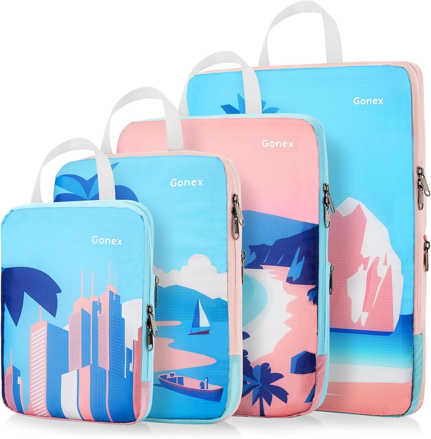 Gonex Compression Packing Cubes, 4pcs Expandable Storage Travel Luggage Bags Organizers, Travel Cubes for Suitcase Carry On (Coconut Palm)