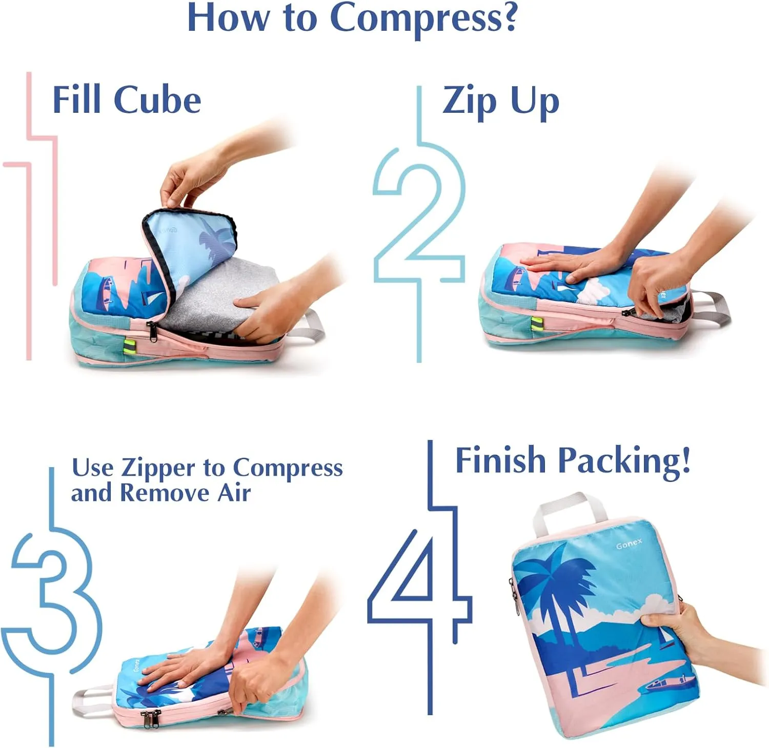 Gonex Compression Packing Cubes, 4pcs Expandable Storage Travel Luggage Bags Organizers, Travel Cubes for Suitcase Carry On (Coconut Palm)