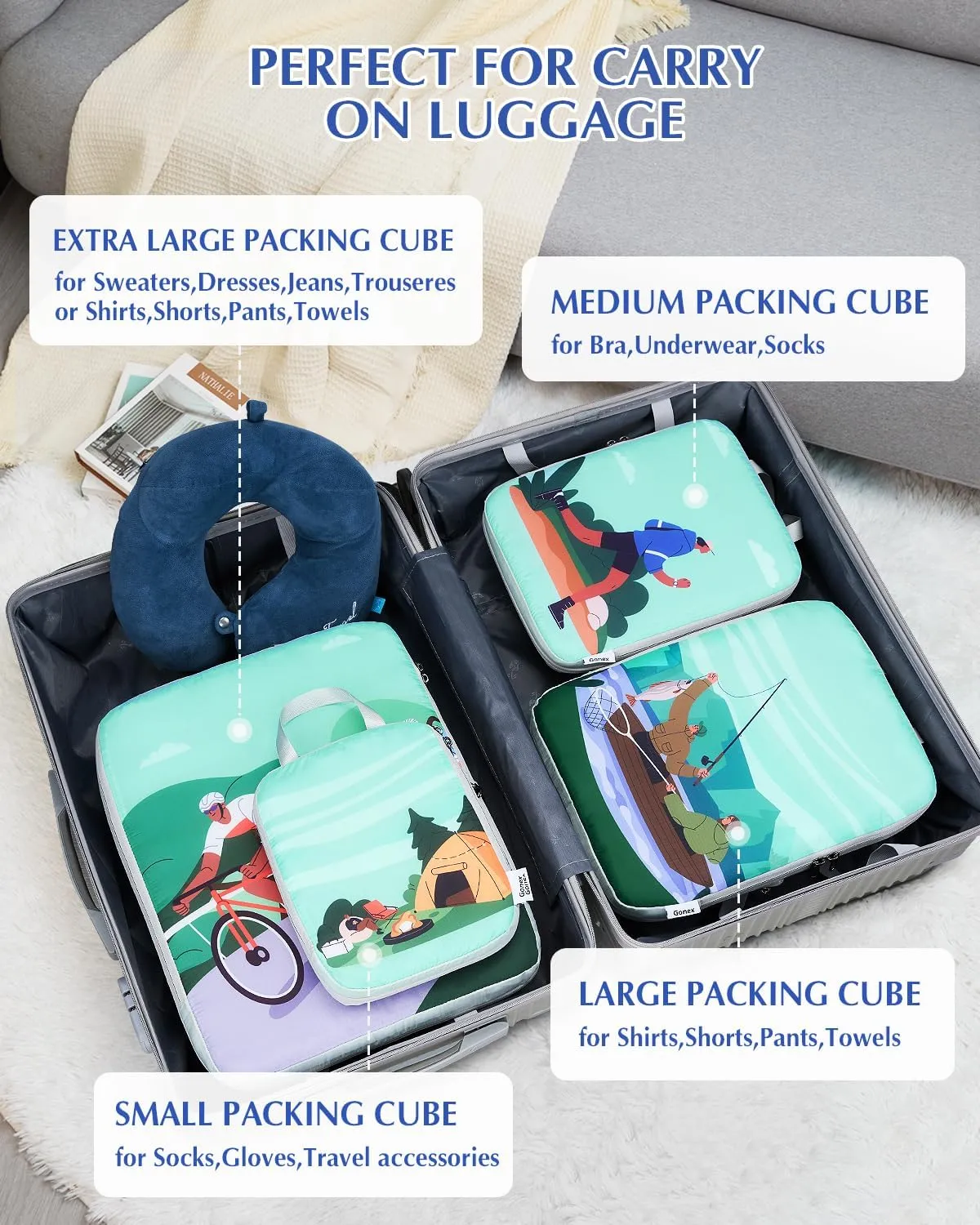 Gonex Compression Packing Cubes, 4pcs Expandable Storage Travel Luggage Bags Organizers, Travel Cubes for Suitcase Carry On (Outdoor)
