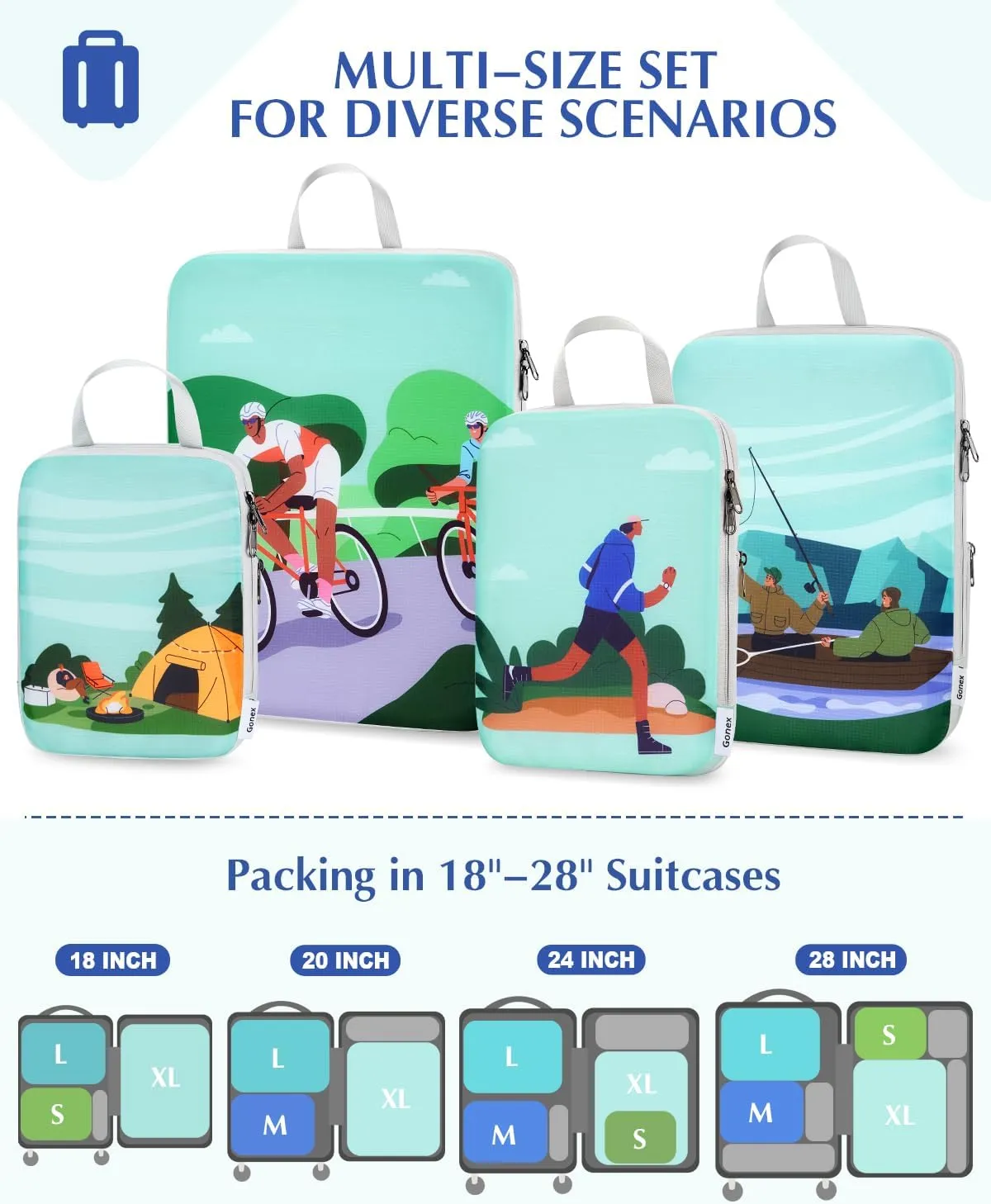 Gonex Compression Packing Cubes, 4pcs Expandable Storage Travel Luggage Bags Organizers, Travel Cubes for Suitcase Carry On (Outdoor)