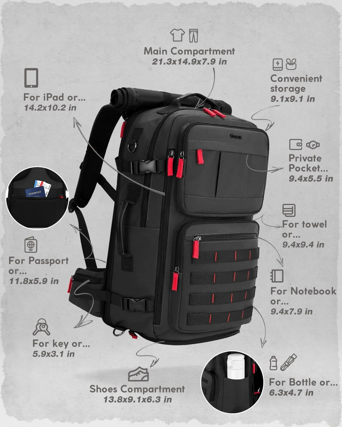 Gonex Travel Backpack, Large Carry-On Nylon Duffle Bag, 3-in-1 Convertible Laptop Bag for Men & Women, Durable for Work & Weekend Travel (Black)