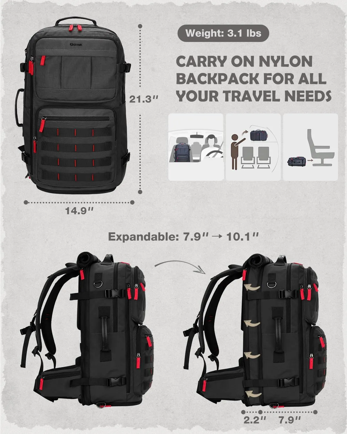 Gonex Travel Backpack, Large Carry-On Nylon Duffle Bag, 3-in-1 Convertible Laptop Bag for Men & Women, Durable for Work & Weekend Travel (Black)