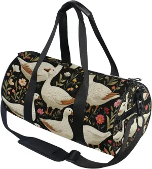 Goose Flowers Black Pattern Gym Duffle Bag Women Men Sports Fitness Bag for Travel Workout Gymnastics Dance Ballet