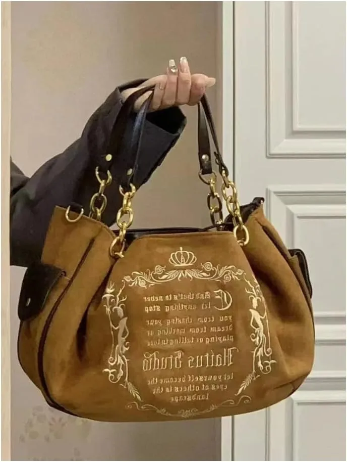 Gothic Chain Tote Bag for Women Travel Vintage Crossbody Bag Big Capacity Single Shoulder Bag Soft Pumpkin Bag (Brown)