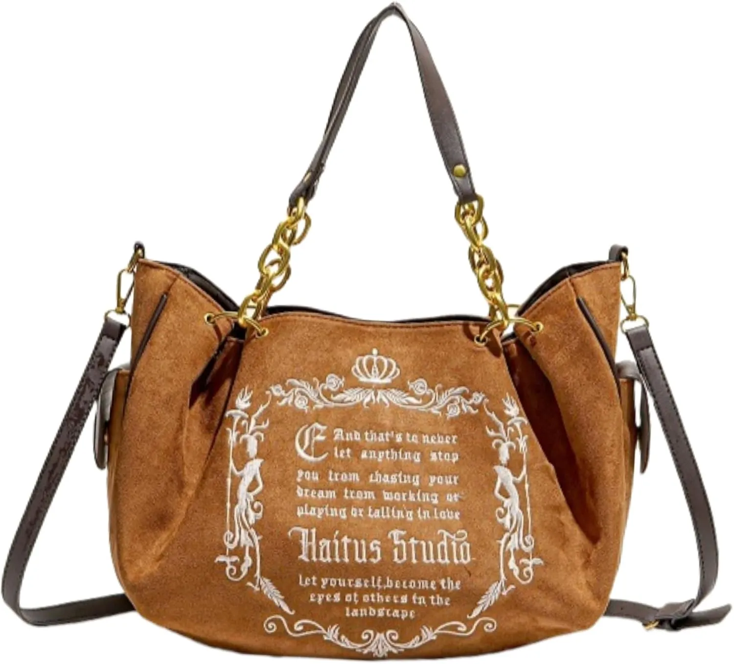 Gothic Chain Tote Bag for Women Travel Vintage Crossbody Bag Big Capacity Single Shoulder Bag Soft Pumpkin Bag (Brown)