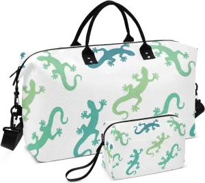 Green Lizard Animals Duffel Bag for Gym Yoga Weekender Overnight Quilting Travel Bag Set