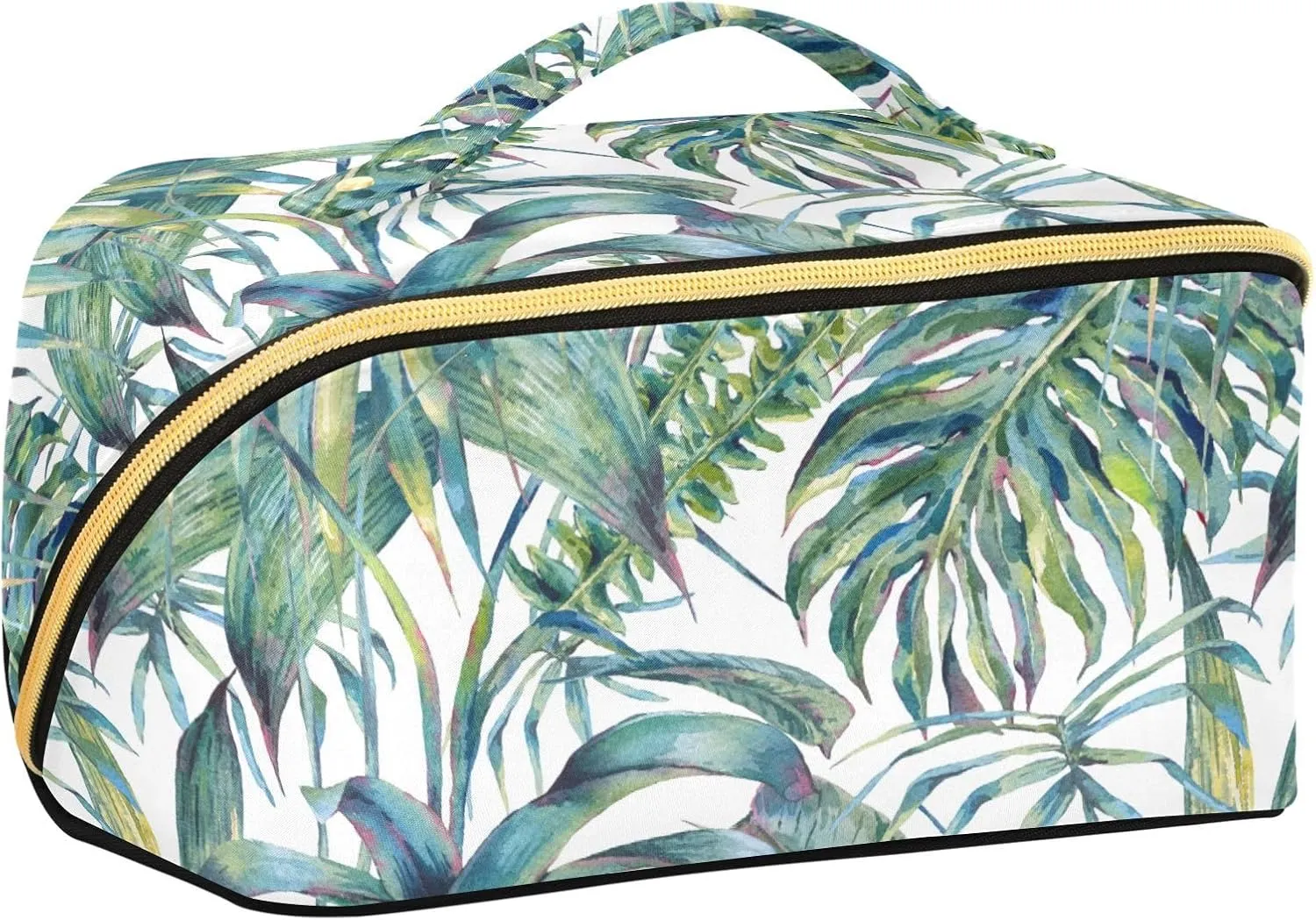 Green Tropical Foliage Large Capacity Travel Cosmetic Bag Makeup Bag Open Flat Makeup Organizer with Handle and Divider Travel Toiletry Bags for Women Girls
