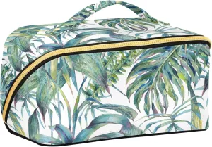 Green Tropical Foliage Large Capacity Travel Cosmetic Bag Makeup Bag Open Flat Makeup Organizer with Handle and Divider Travel Toiletry Bags for Women Girls