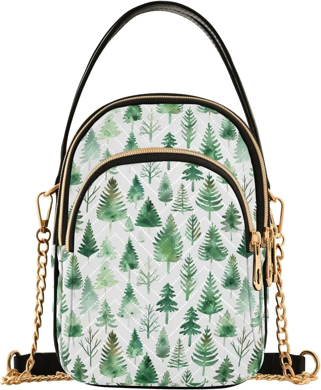 Green Watercolor Pine Tree Women's Crossbody Handbags with Zipper, Casual Leather Cell Phone Purse Crossbody Bags for Ladies