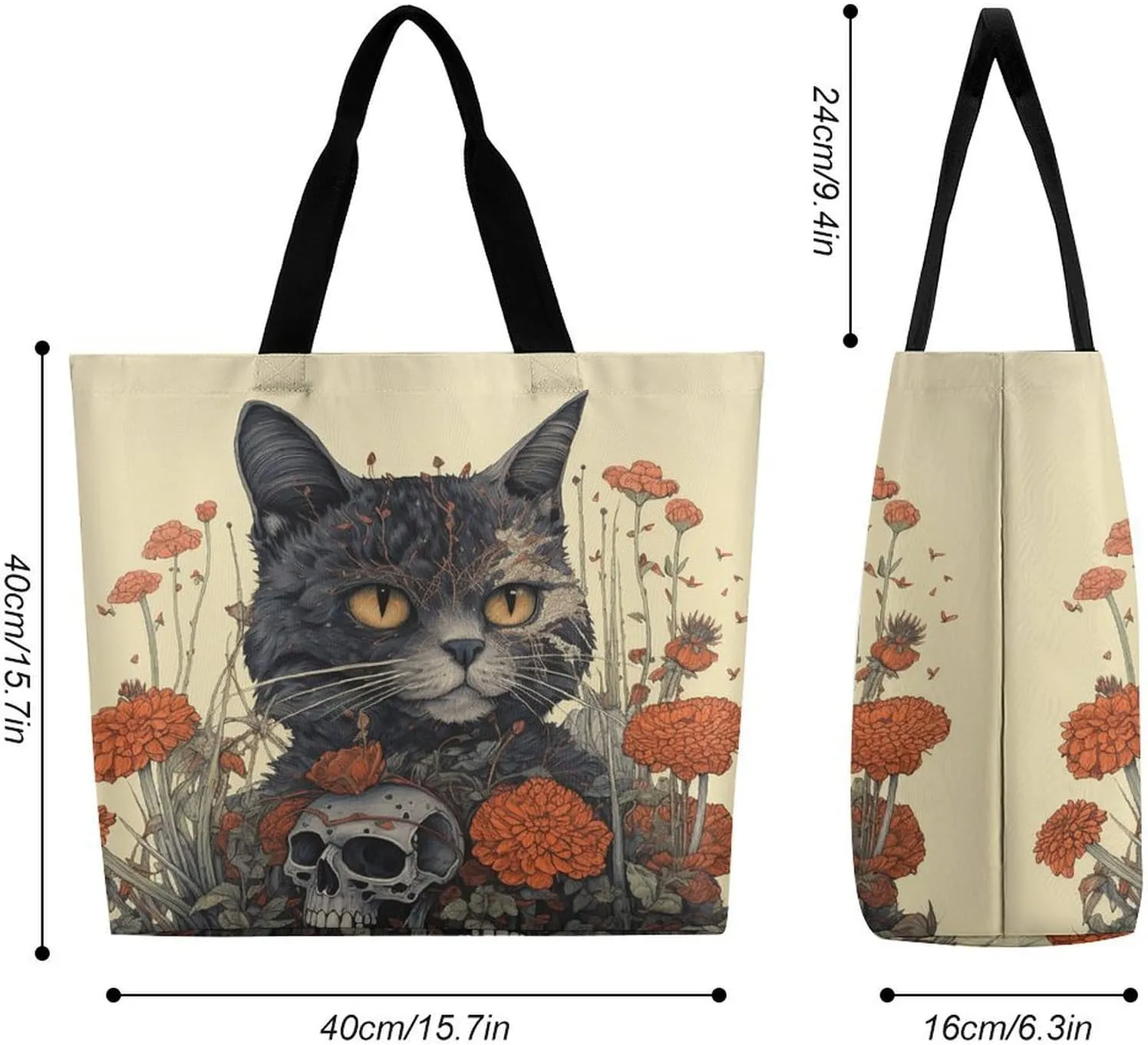 Grocery Bag Reusable Tote Bag Foldable Cat And A Skeleton Shopping Bag Handbag Washable Shoulder Bag for Travel