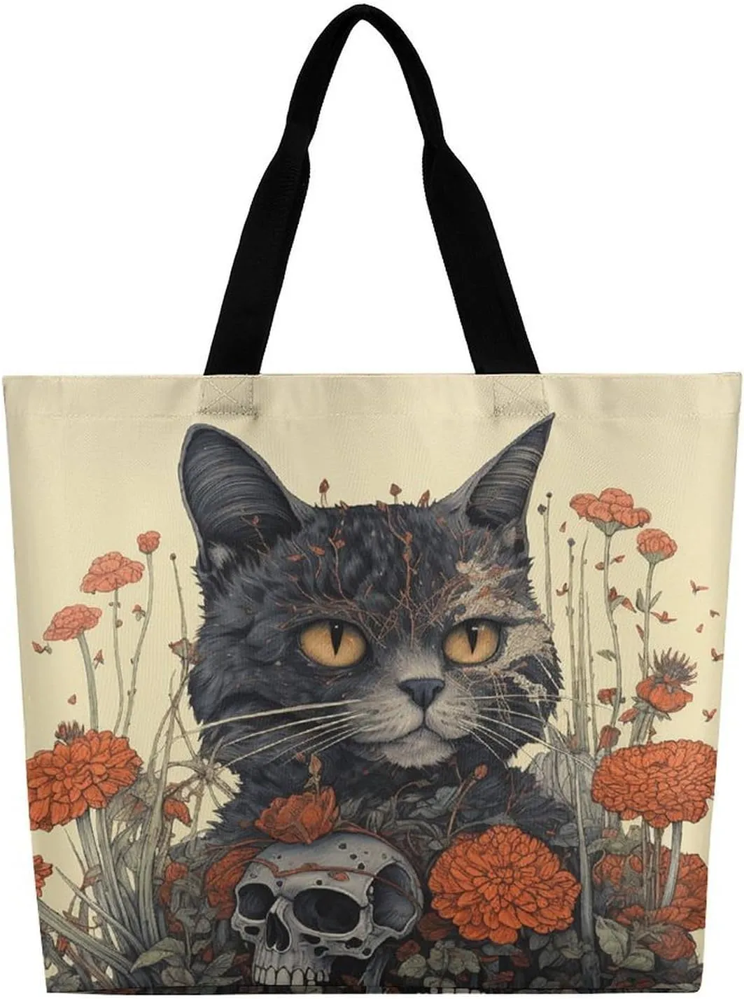 Grocery Bag Reusable Tote Bag Foldable Cat And A Skeleton Shopping Bag Handbag Washable Shoulder Bag for Travel