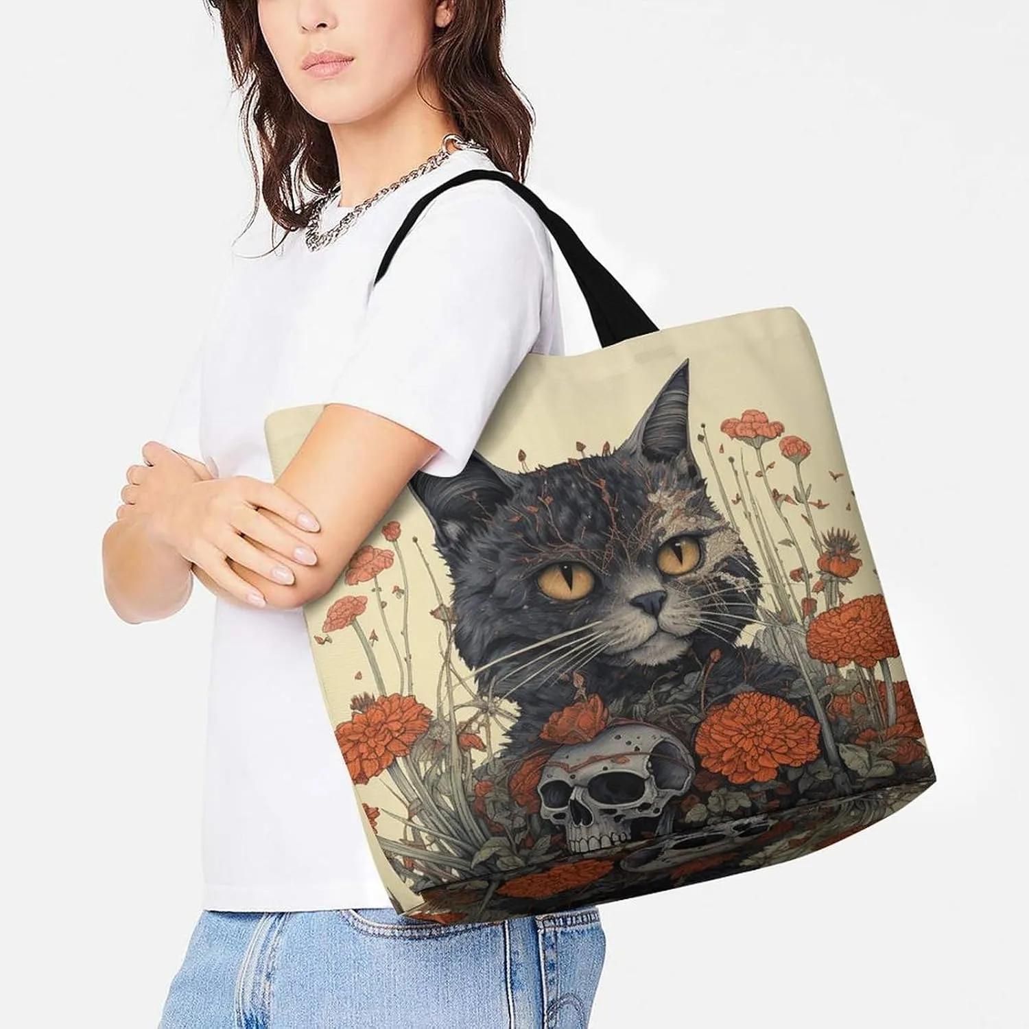 Grocery Bag Reusable Tote Bag Foldable Cat And A Skeleton Shopping Bag Handbag Washable Shoulder Bag for Travel