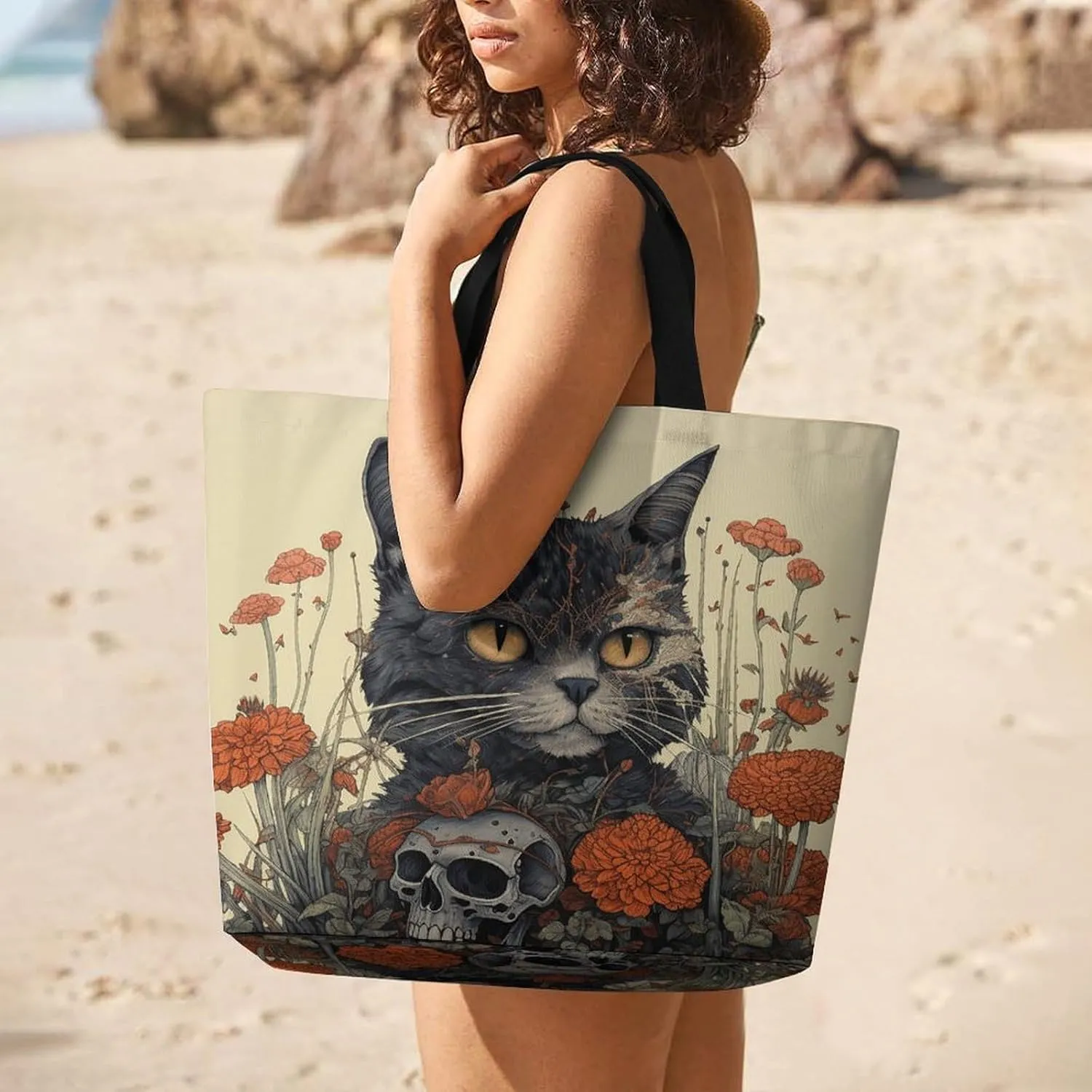 Grocery Bag Reusable Tote Bag Foldable Cat And A Skeleton Shopping Bag Handbag Washable Shoulder Bag for Travel
