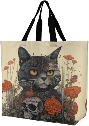 Grocery Bag Reusable Tote Bag Foldable Cat And A Skeleton Shopping Bag Handbag Washable Shoulder Bag for Travel
