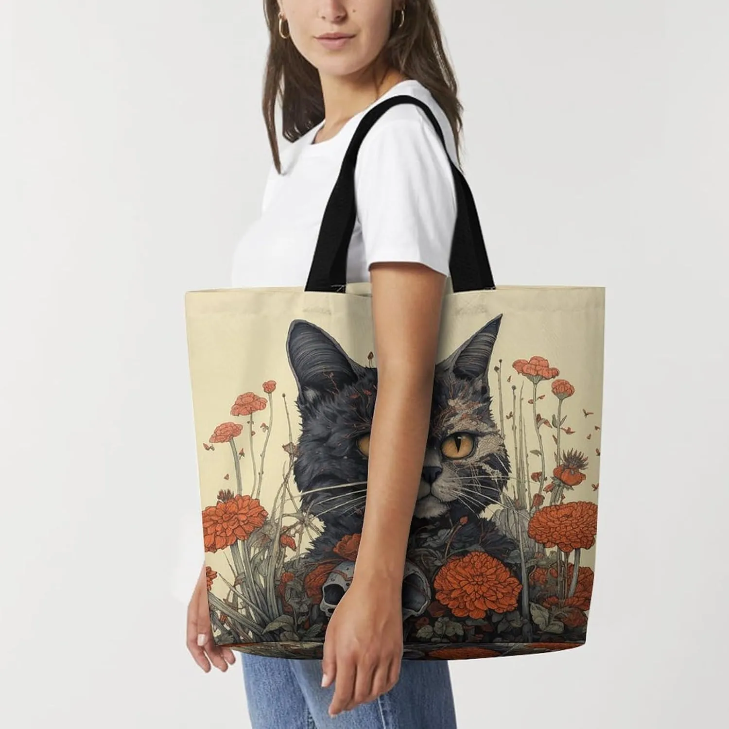 Grocery Bag Reusable Tote Bag Foldable Cat And A Skeleton Shopping Bag Handbag Washable Shoulder Bag for Travel