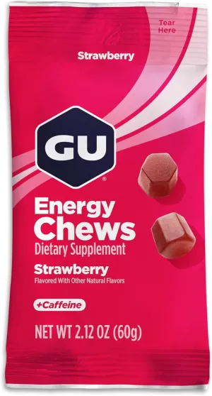 GU Energy Chews, Strawberry Energy Gummies with Electrolytes, Vegan, Gluten-Free, Kosher, 20 mg of Caffeine, and Dairy-Free On-the-Go Energy for Any Workout, 12 Bags (24 Servings Total)