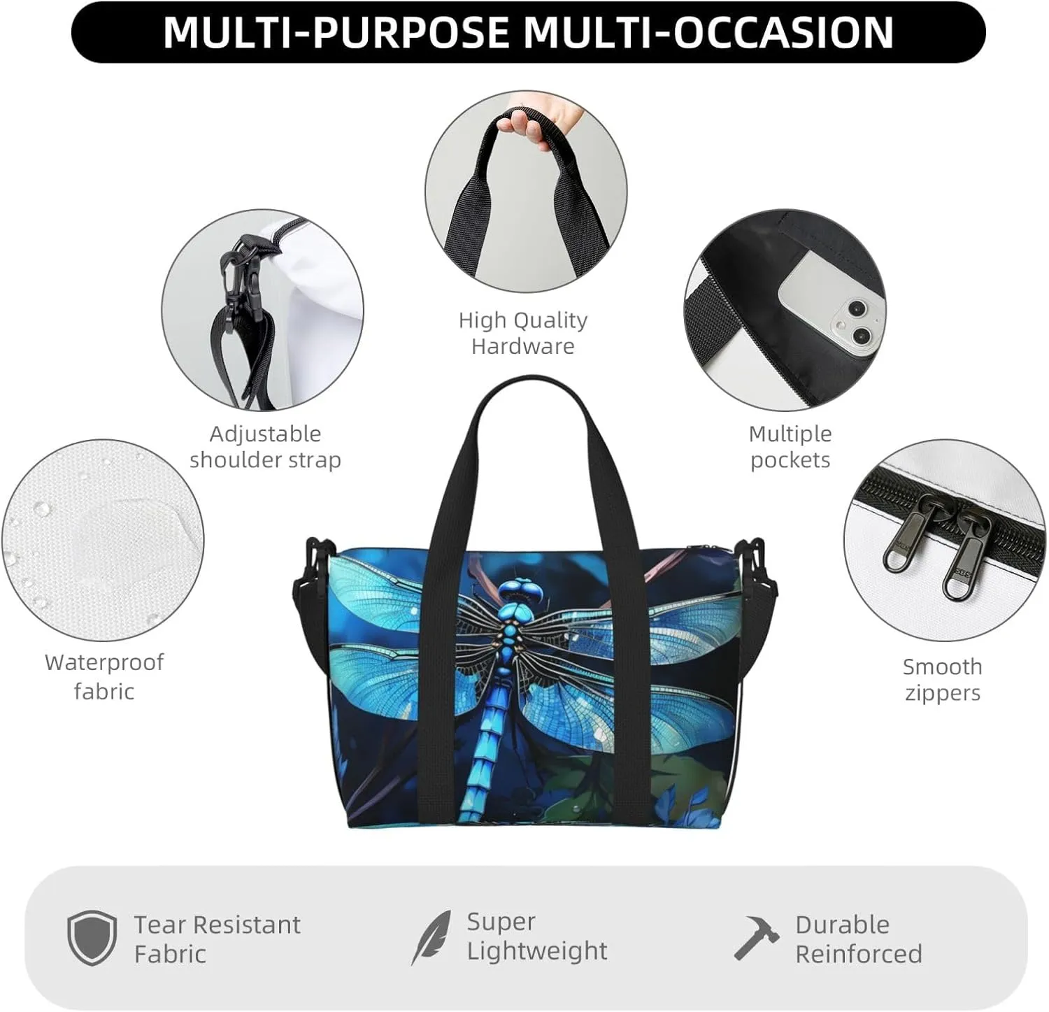 Gym Bag Art Blue Dragonfly Duffel Bag for Men Women Travel Overnight Bag with Shoe Compartment Workout Bags