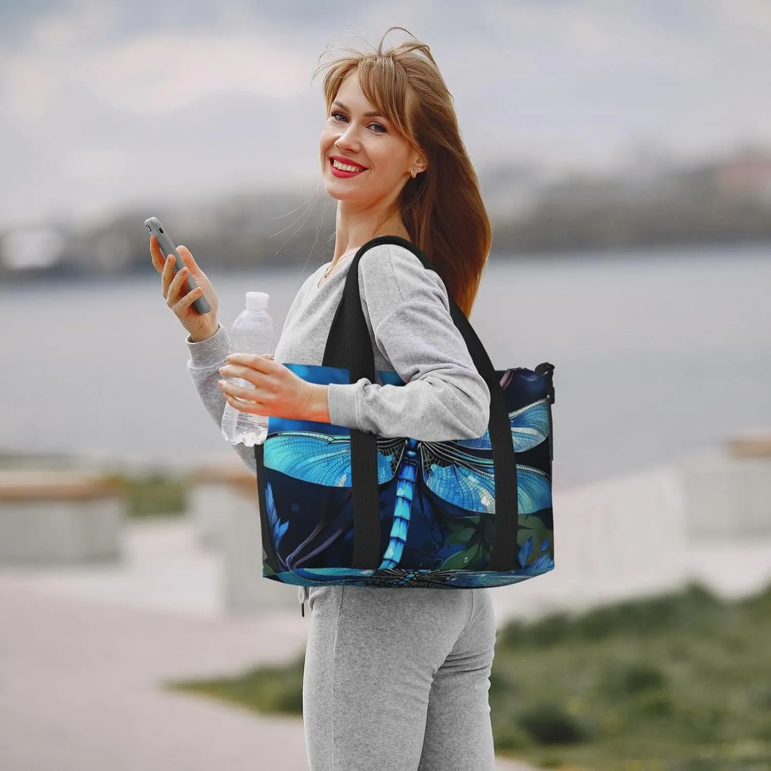 Gym Bag Art Blue Dragonfly Duffel Bag for Men Women Travel Overnight Bag with Shoe Compartment Workout Bags