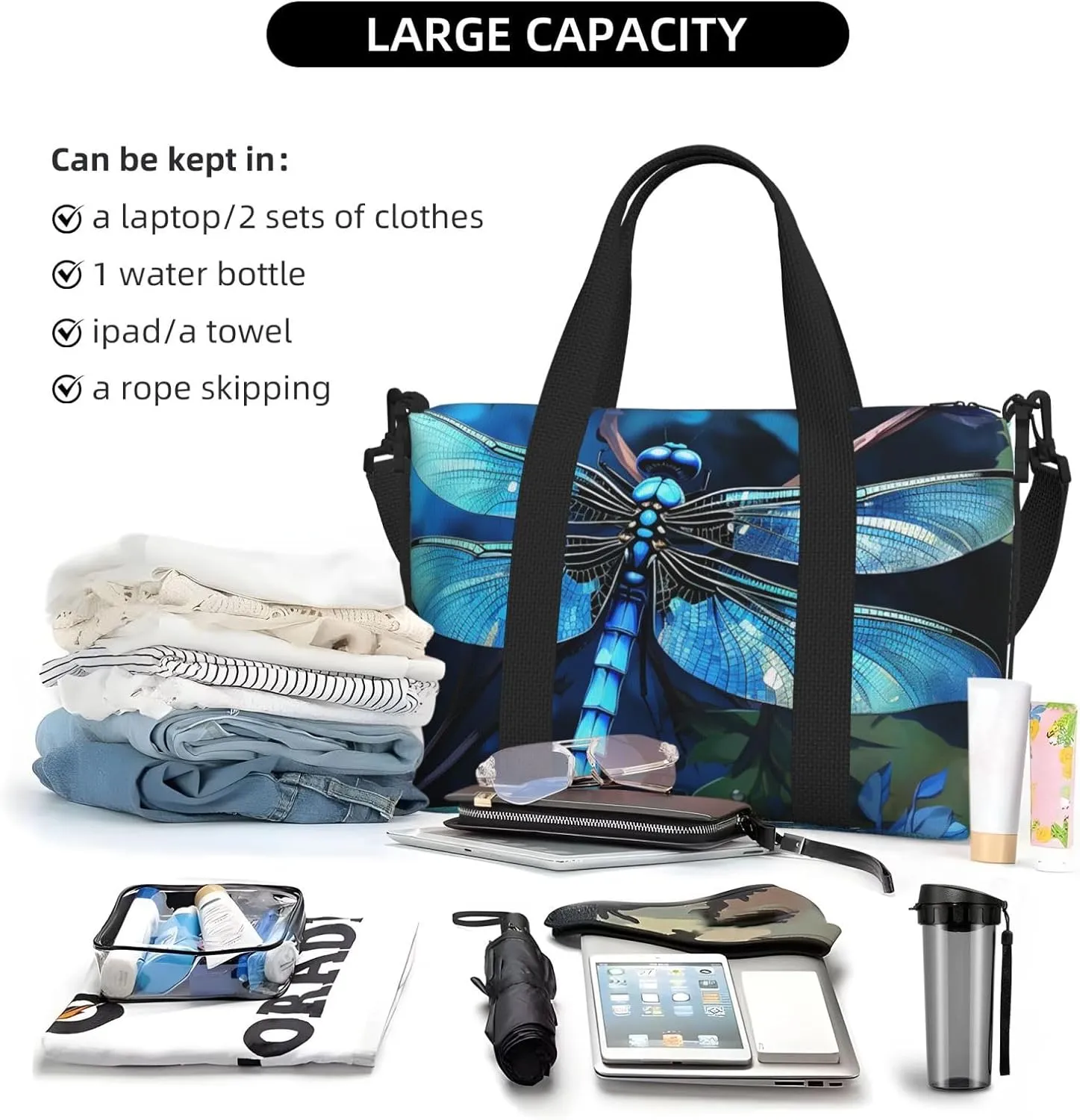 Gym Bag Art Blue Dragonfly Duffel Bag for Men Women Travel Overnight Bag with Shoe Compartment Workout Bags