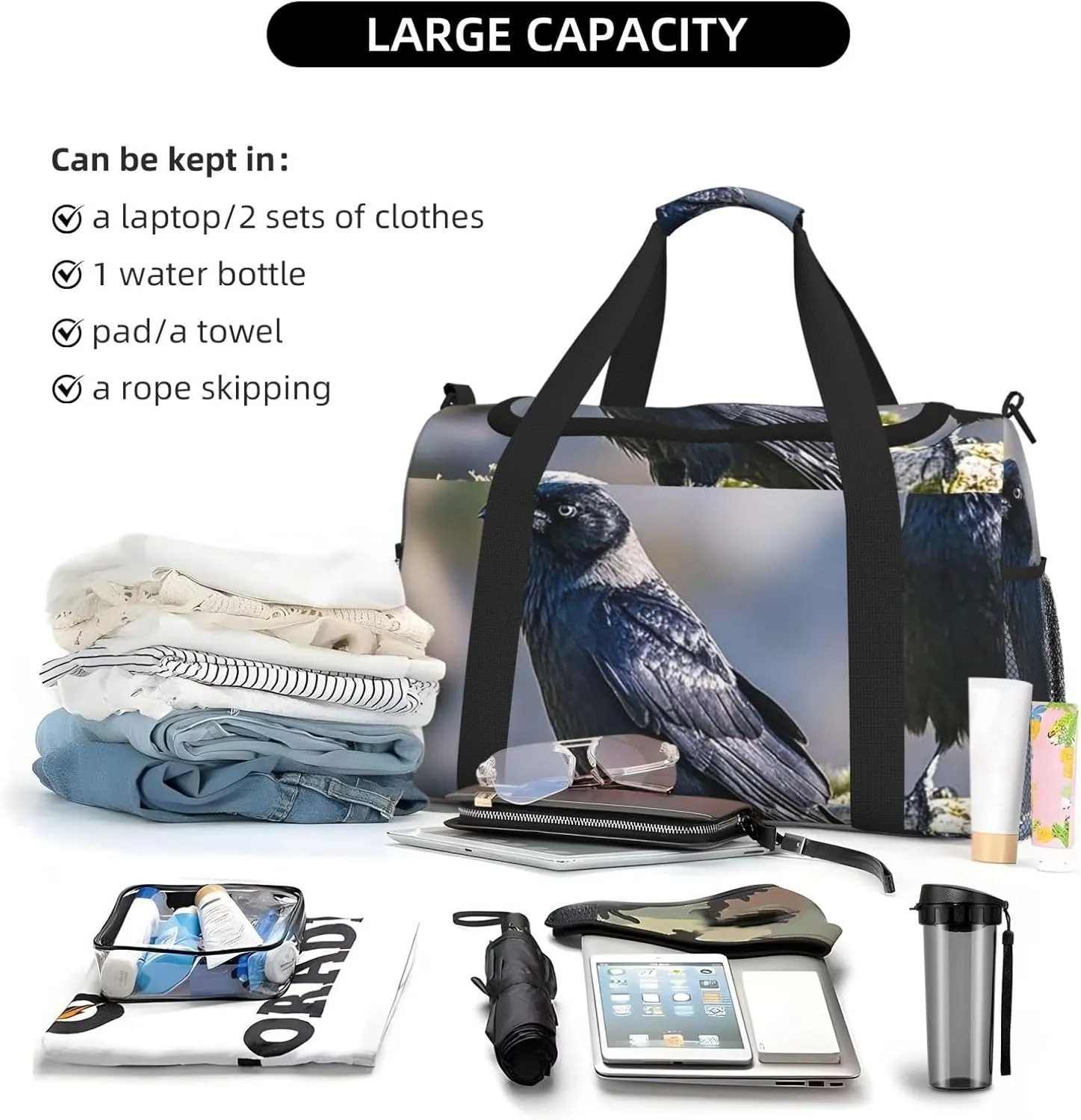 Gym Bag Black Crow Birds2 Duffel Bag for Men Women Travel Overnight Bag with Shoe Compartment Workout Bags