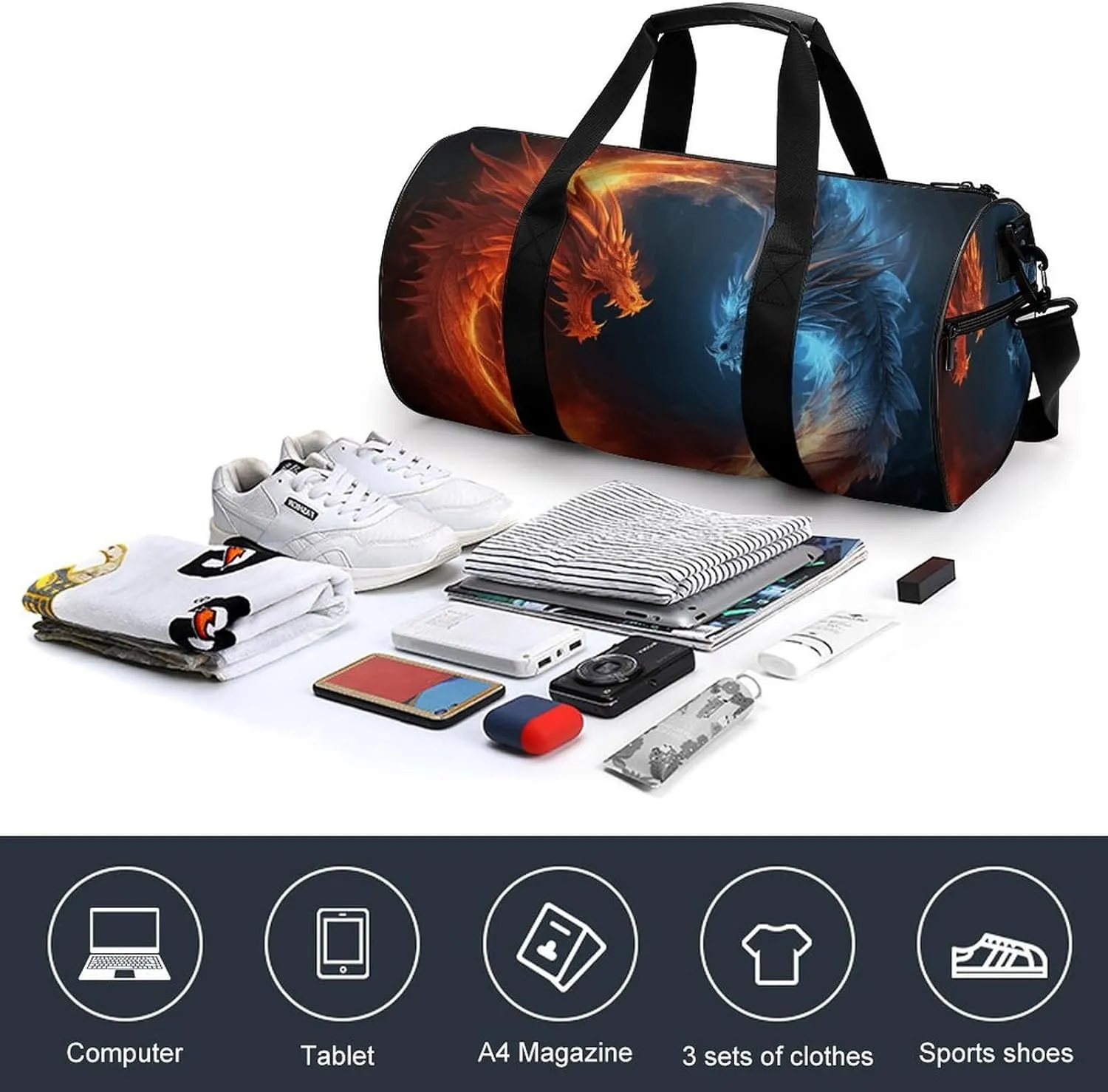 Gym Bag for Men Women Fire And Ice Dragons Duffel Bag Overnight Bag with Compartment Gym Sackpac