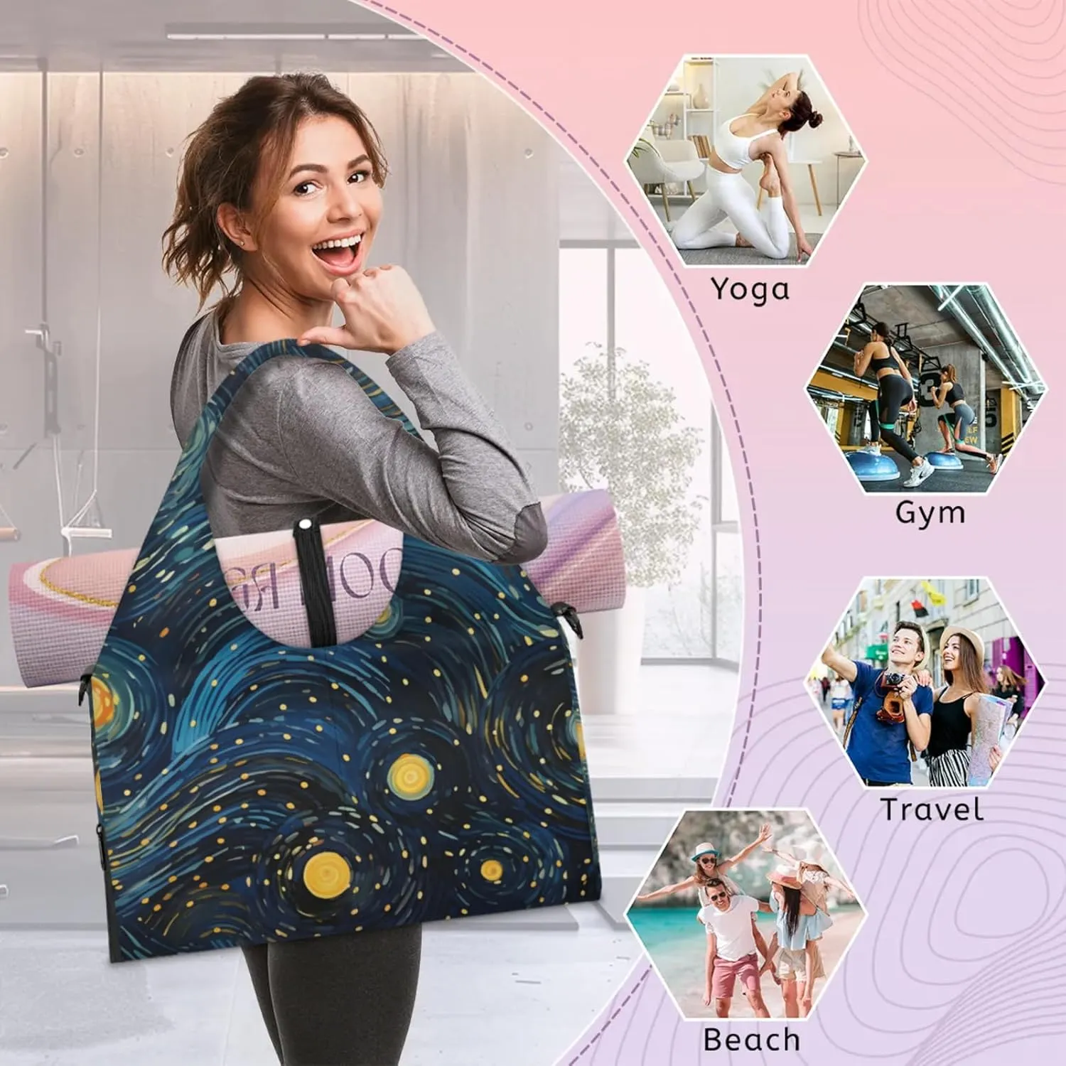 Gym Bag for Women Abstract Starry Sky Duffel Bag with Shoe Compartment and Yoga Mat Holder Portable Weekender Bags Travel Tote Bags