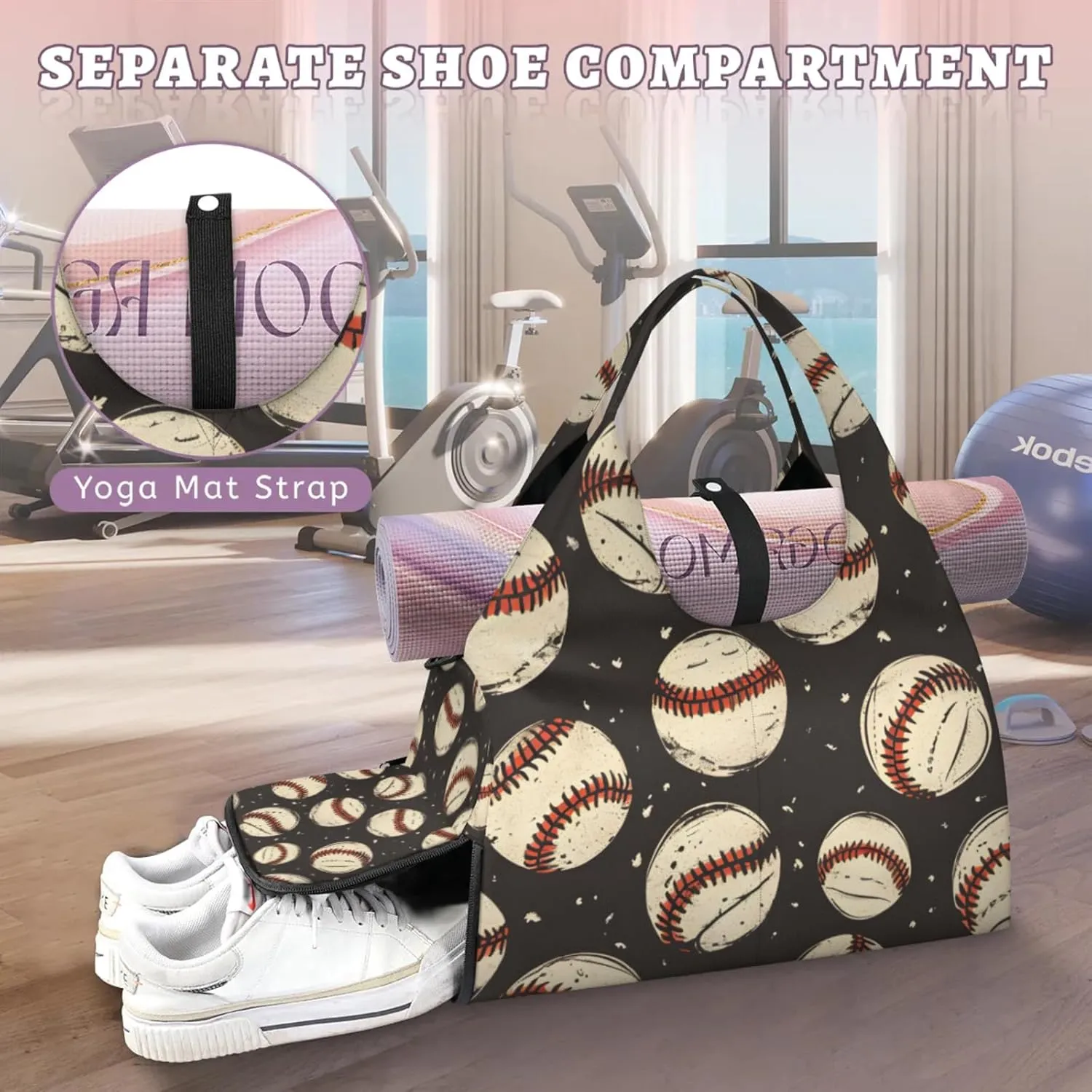 Gym Bag for Women Baseballs Prints Duffel Bag with Shoe Compartment and Yoga Mat Holder Portable Weekender Bags Travel Tote Bags