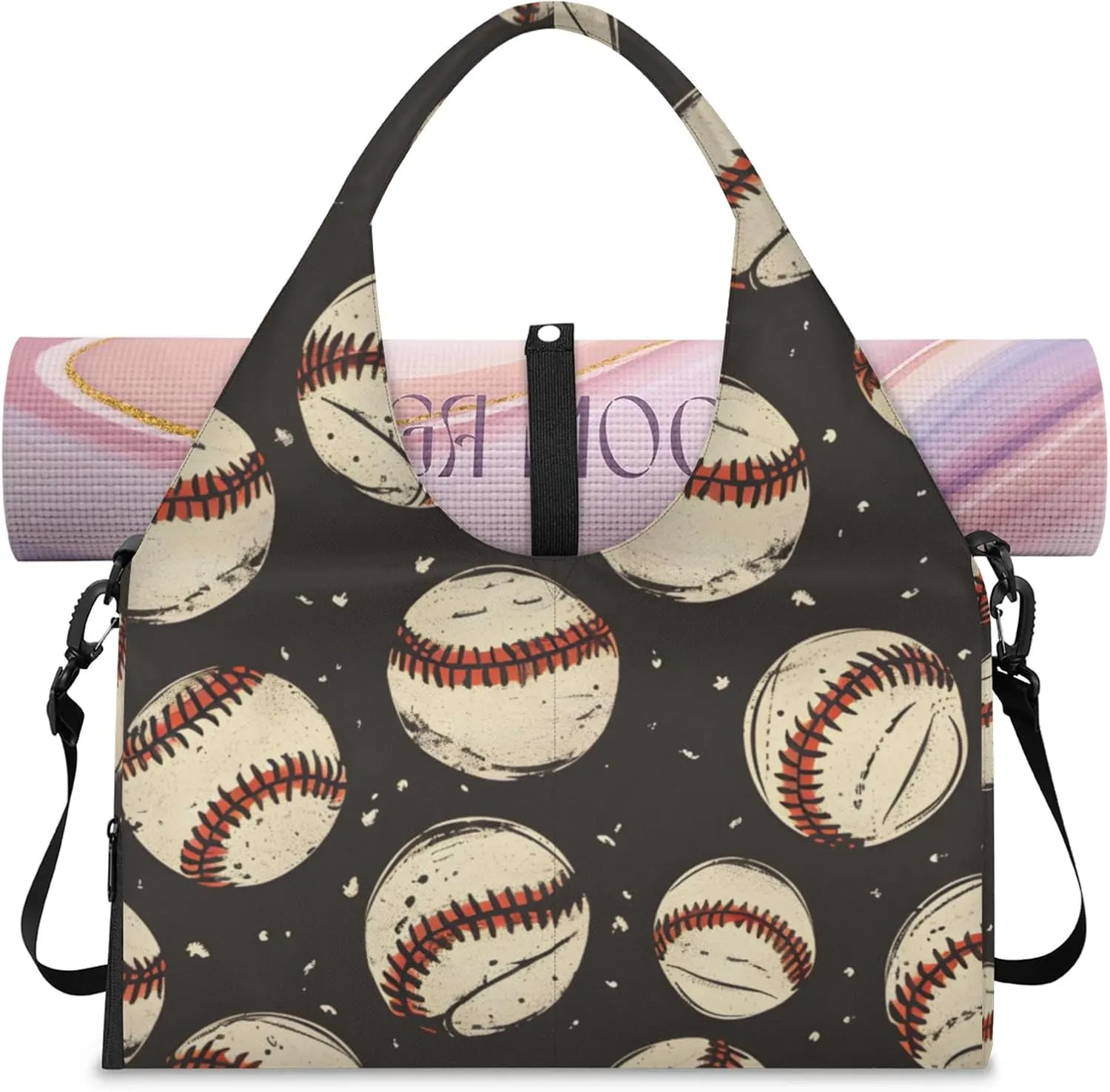 Gym Bag for Women Baseballs Prints Duffel Bag with Shoe Compartment and Yoga Mat Holder Portable Weekender Bags Travel Tote Bags