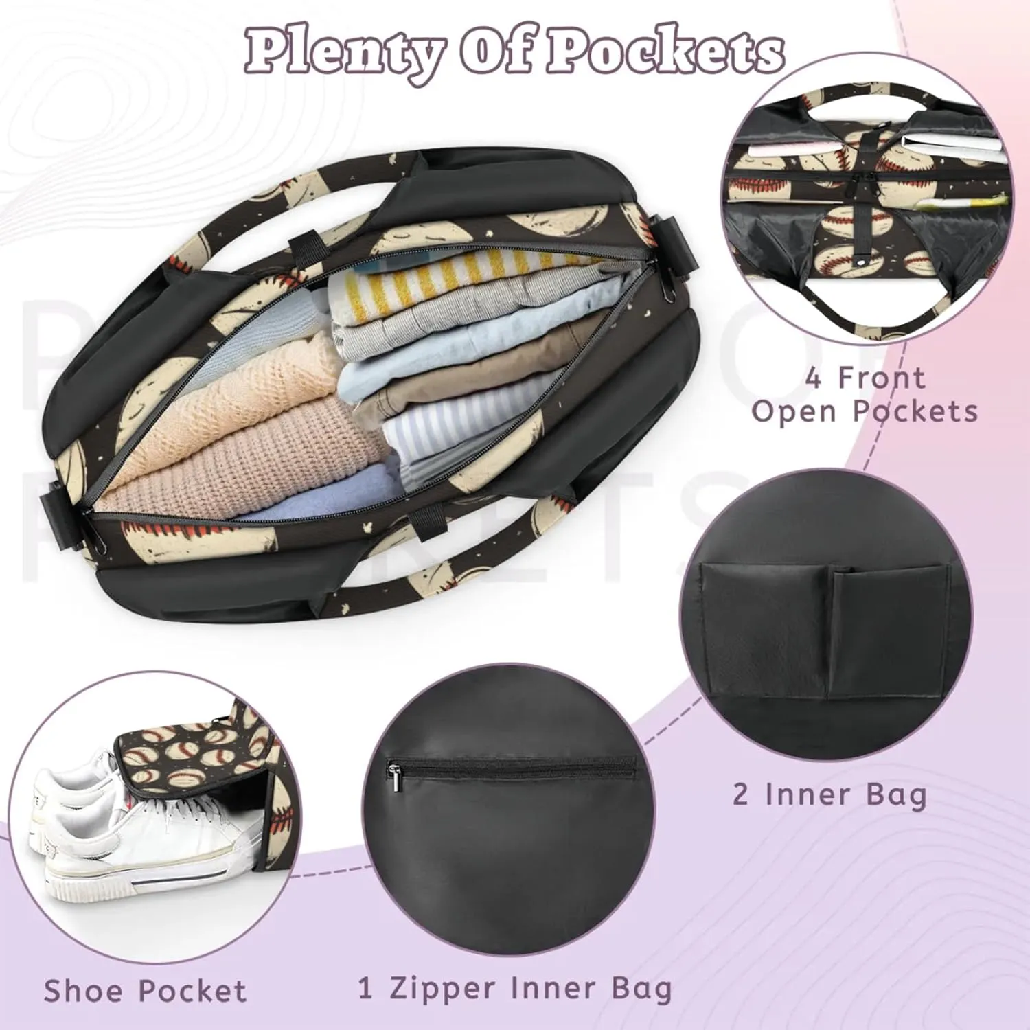 Gym Bag for Women Baseballs Prints Duffel Bag with Shoe Compartment and Yoga Mat Holder Portable Weekender Bags Travel Tote Bags